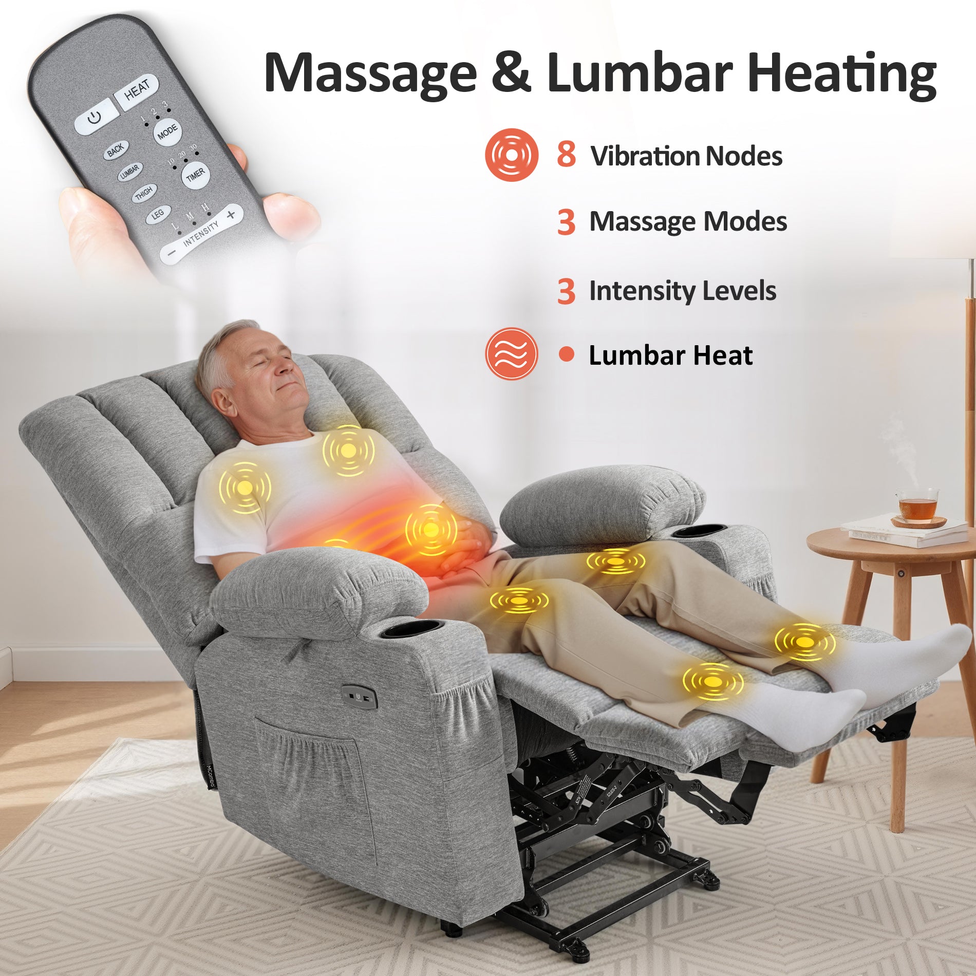 Power Lift Recliner Chair, Massage and Heat, Fabric 7095|7099|R7092|R7096
