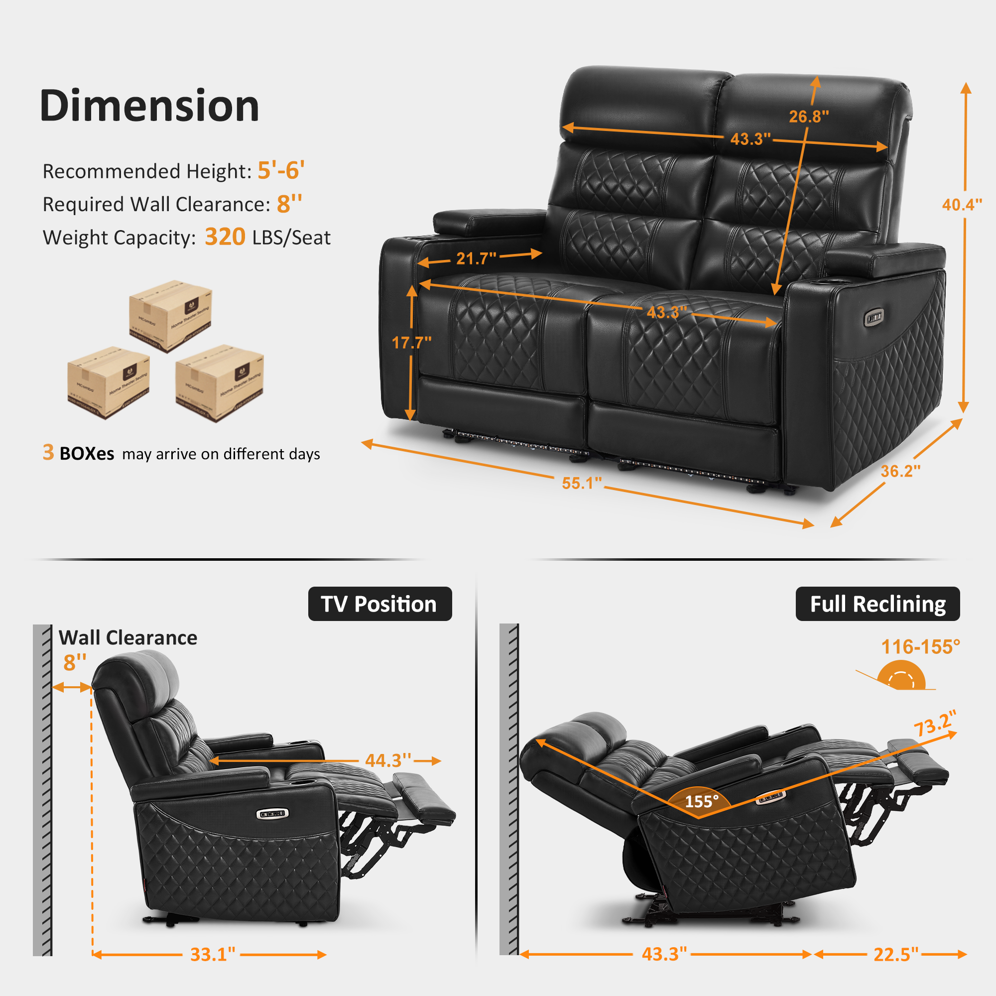 Power Reclining Loveseat, Home Theater Seating, Faux leather HTS470