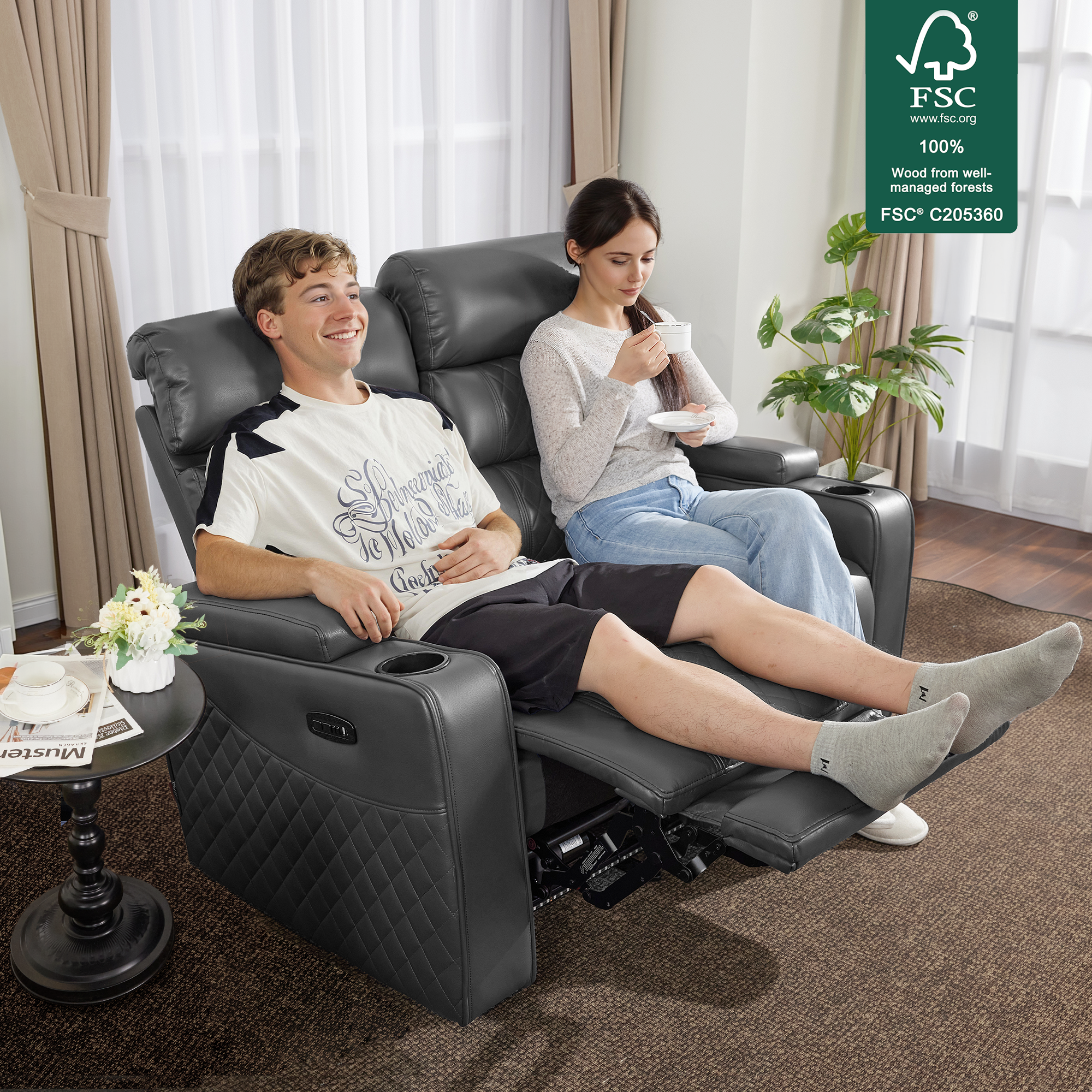Power Reclining Loveseat, Home Theater Seating, Faux leather HTS470