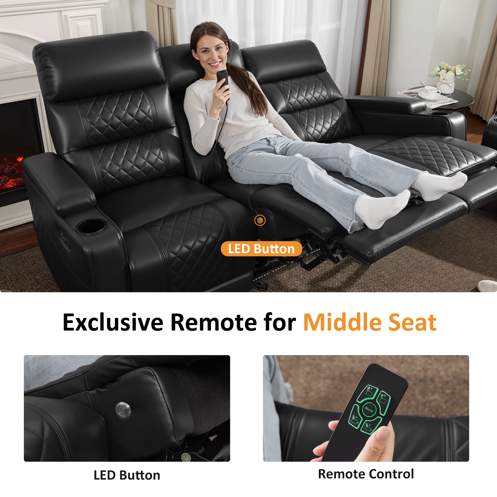 Power Reclining Sofa, Home Theater Seating, Faux leather HTS564