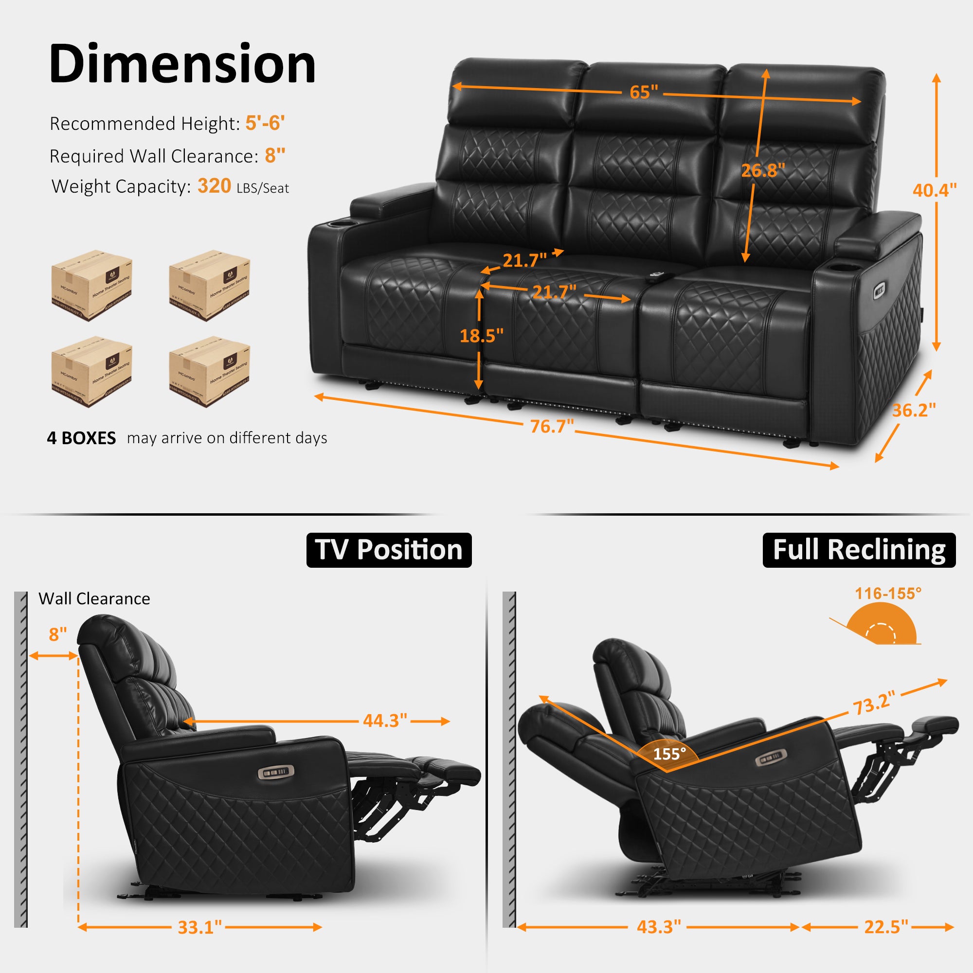 Power Reclining Sofa, Home Theater Seating, Faux leather HTS564