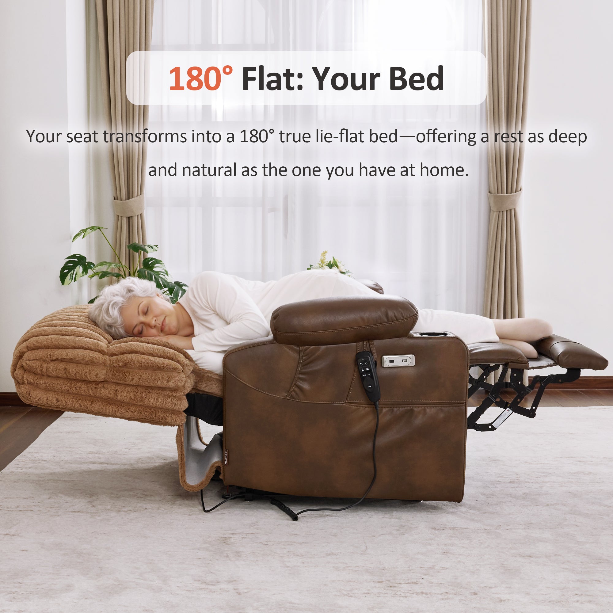 MCombo 180° Lay Flat Power Lift Recliner Chair for Elderly, Dual Motor Lift Chair with Full-Body Heating for Sleeping, Extra Wide Seat,Imitation Rabbit Fur R7123