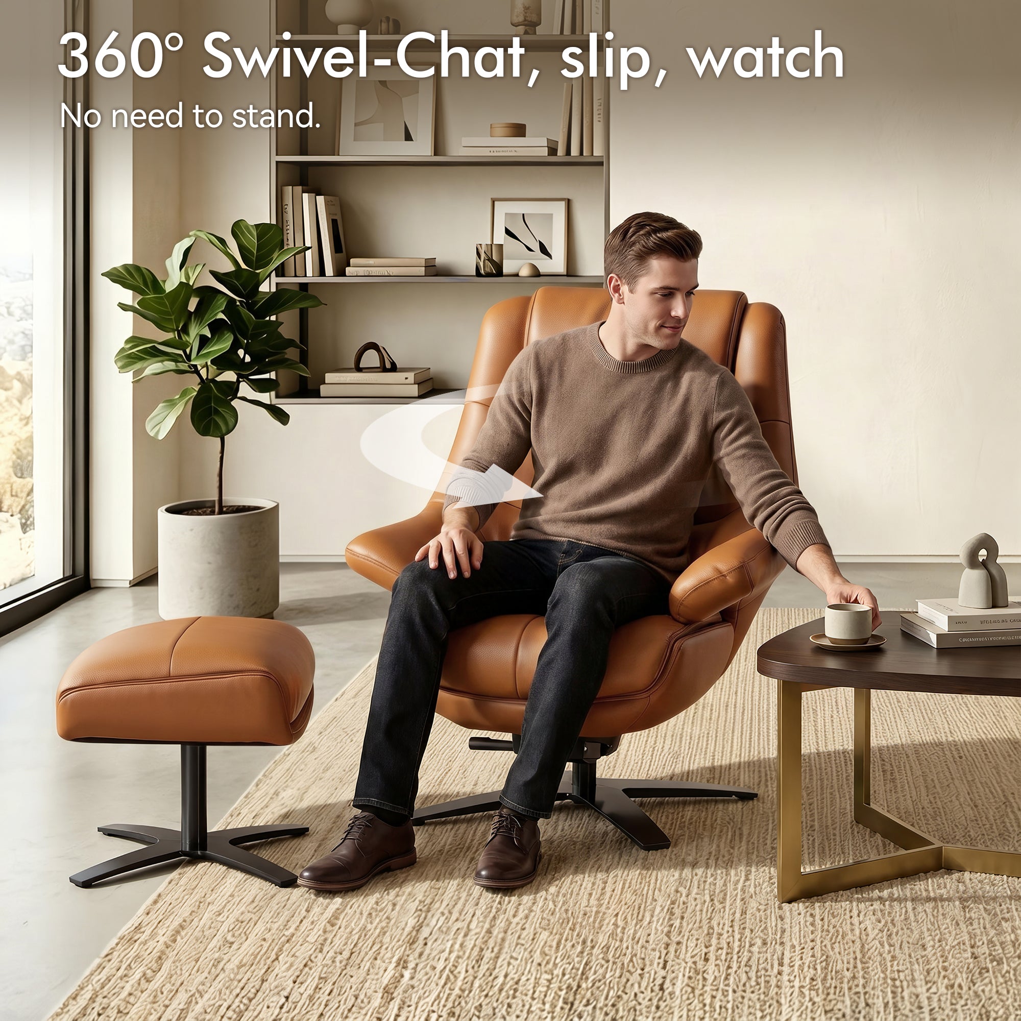 Genuine Leather Recliner Chair with Ottoman, 360°Swivel Recliner with Adjustable Backrest, Accent Chair for Living Room A7100