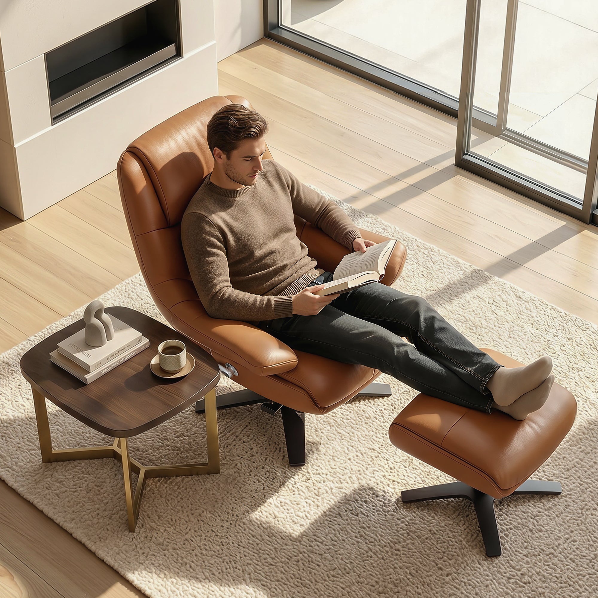 Genuine Leather Recliner Chair with Ottoman, 360°Swivel Recliner with Adjustable Backrest, Accent Chair for Living Room A7100