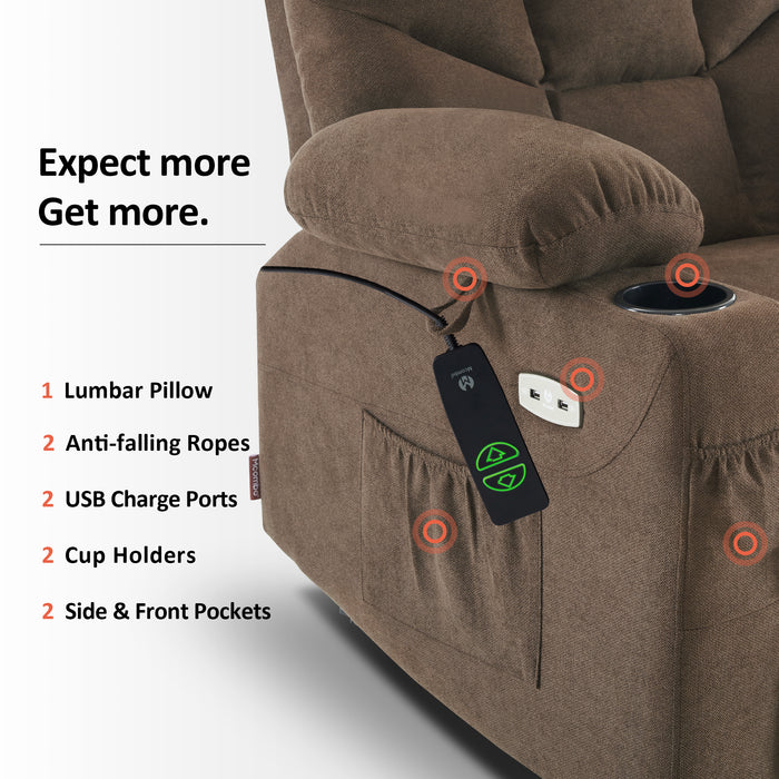 Mcombo Power Lift Recliner Chair Sofa for Elderly, 3 Positions, 2 Side Pockets and Cup Holders, USB Ports, Fabric 7286