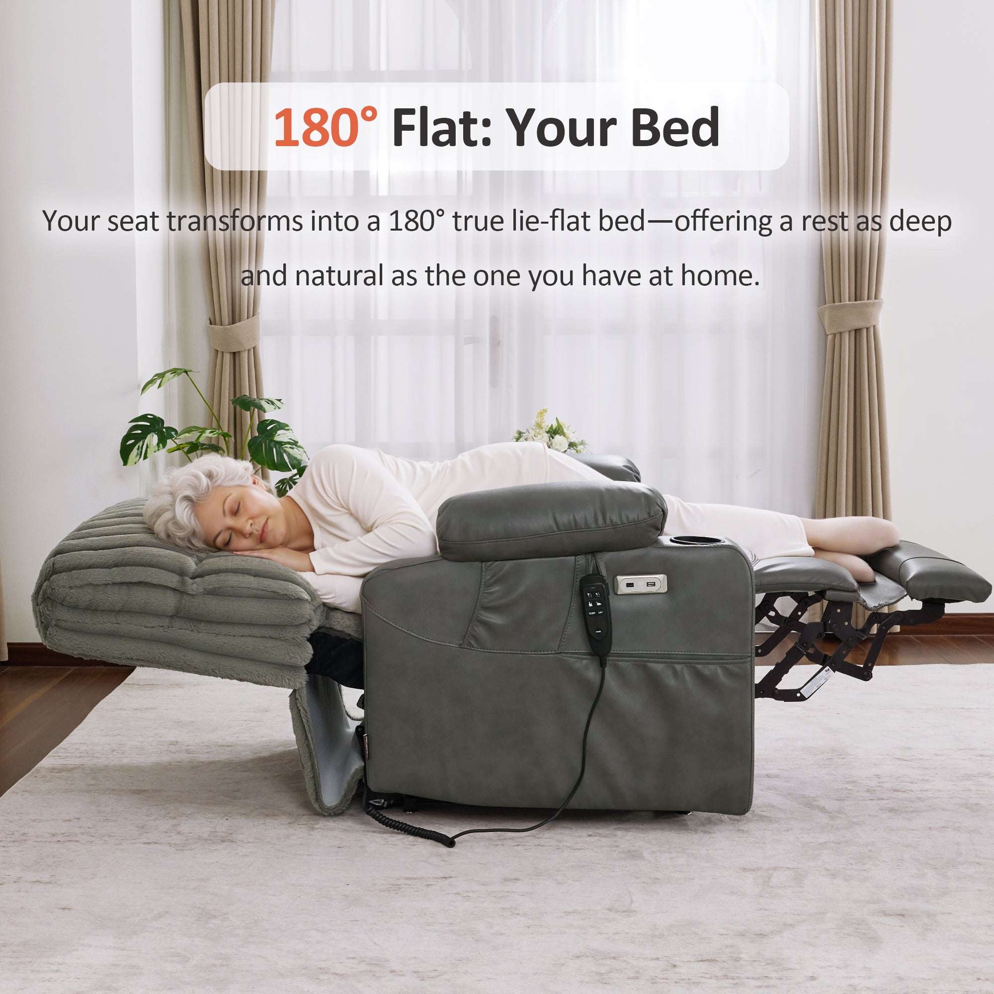 180° Lay Flat Power Lift Recliner Chair for Elderly, Dual Motor Lift Chair with Full-Body Heating for Sleeping, Extra Wide Seat,Imitation Rabbit Fur R7123