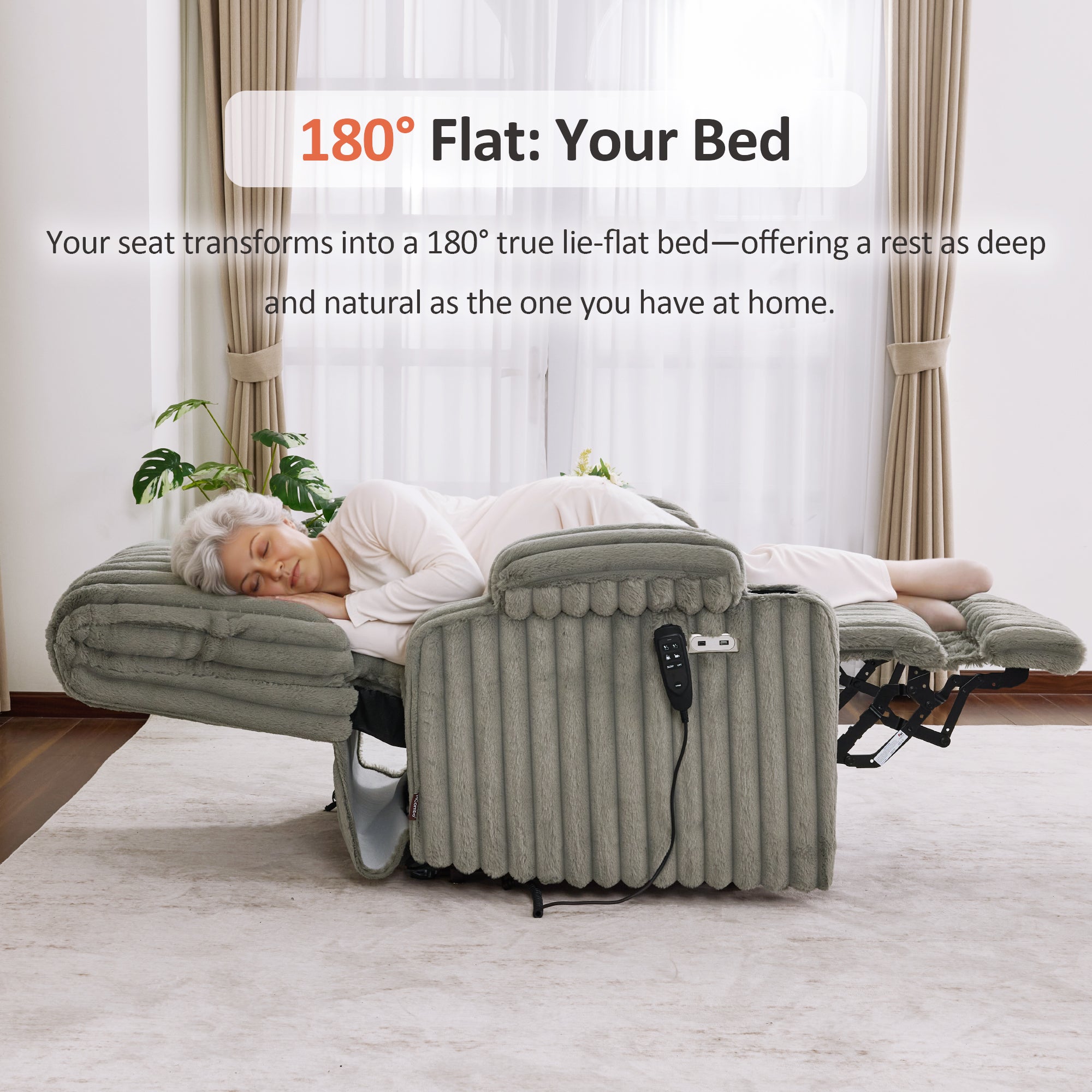 MCombo 180° Lay Flat Power Lift Recliner Chair for Elderly, Dual Motor Lift Chair with Full-Body Heating for Sleeping, Extra Wide Seat,Imitation Rabbit Fur R7123