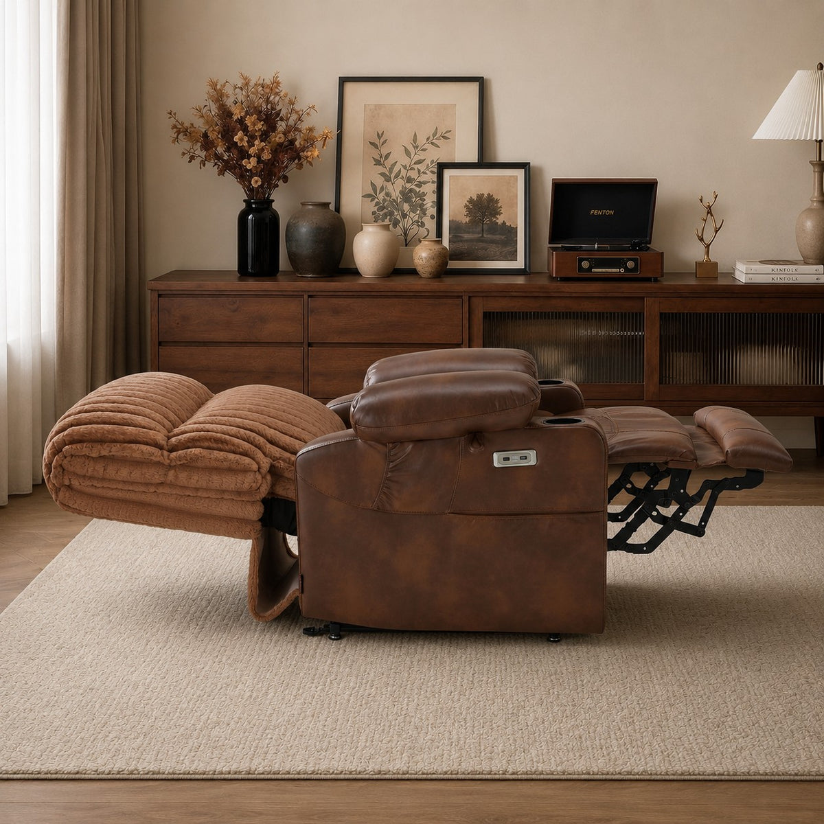 Dual Motor 180° Lay Flat Power Lift Chair with Full-Body Heat, Imitation Rabbit Fur R7123