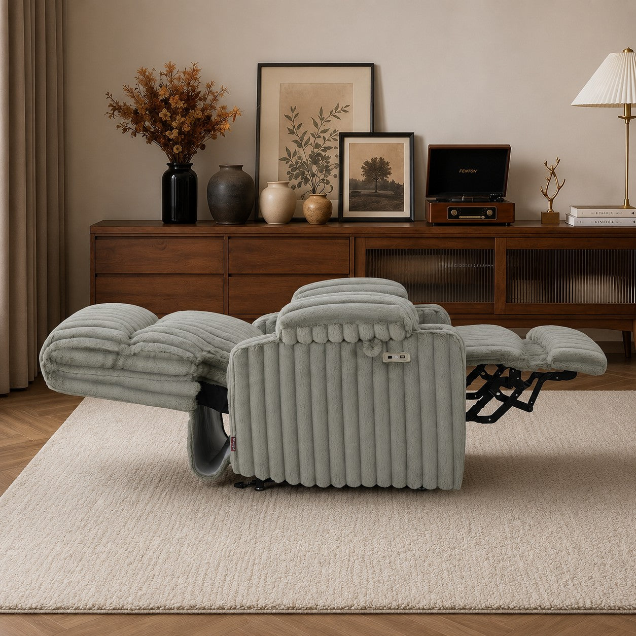 Dual Motor 180° Lay Flat Power Lift Chair with Full-Body Heat, Imitation Rabbit Fur R7123