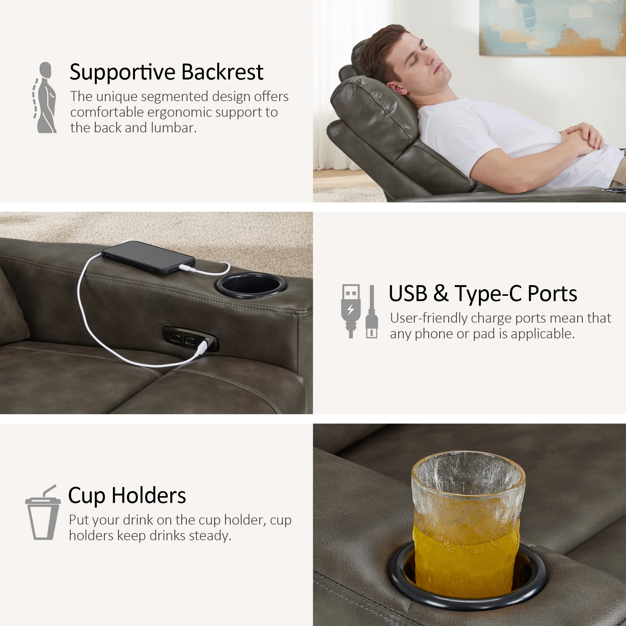 MCombo 62.6'' RV Recliner Loveseat Sofa with Console, Zero Wall Hugger Power Loveseat Recliner with USB Charge Ports, Outlet, for RVs, Living Rooms PR781