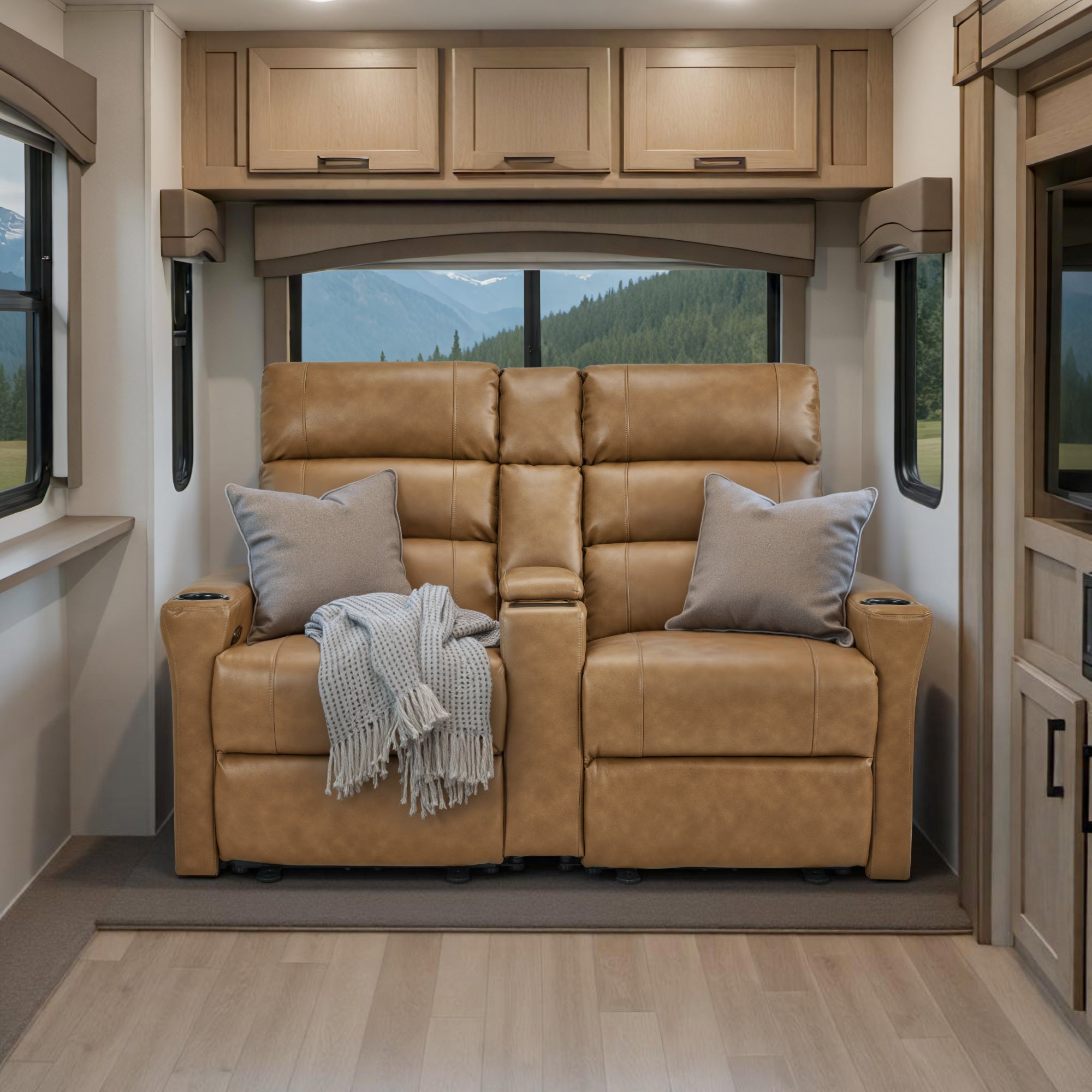 MCombo 62.6'' RV Recliner Loveseat Sofa with Console, Zero Wall Hugger Power Loveseat Recliner with USB Charge Ports, Outlet, for RVs, Living Rooms PR781