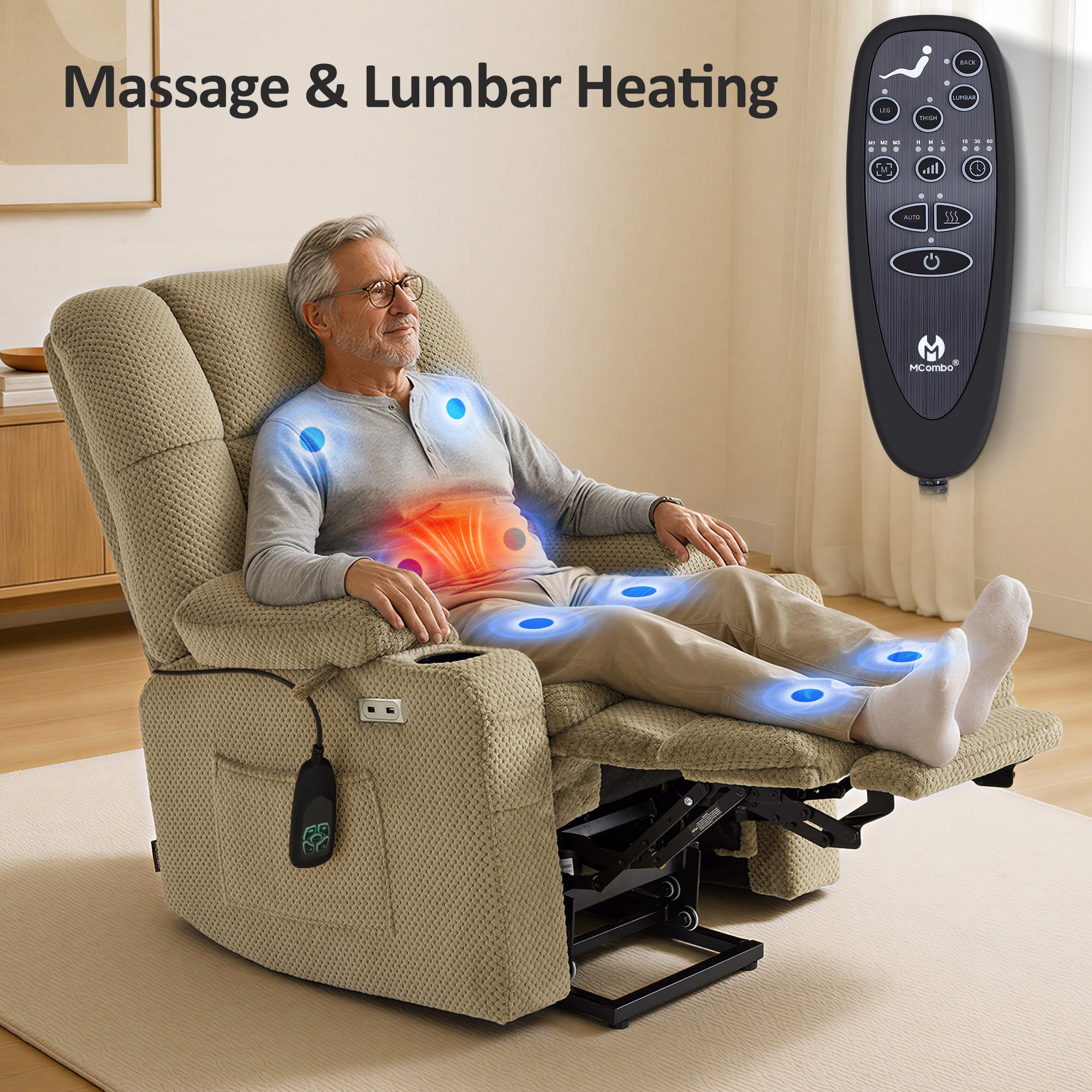 Dual Motor Power Lift Recliner Chair for Elderly, Massage and Heat, Lay Flat for Sleeping, Fabric 7890|7893|7896|R7897|R7891|R7894