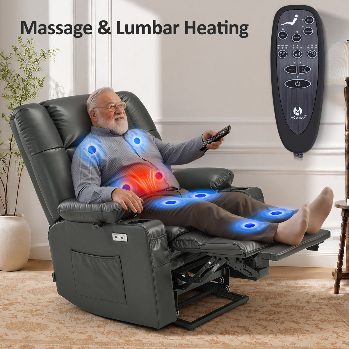 Dual Motor Power Lift Recliner Chair, Massage and Heat, Lay Flat for Sleeping, Faux Leather 7890|7893|7896|R7891|R7897|R7894
