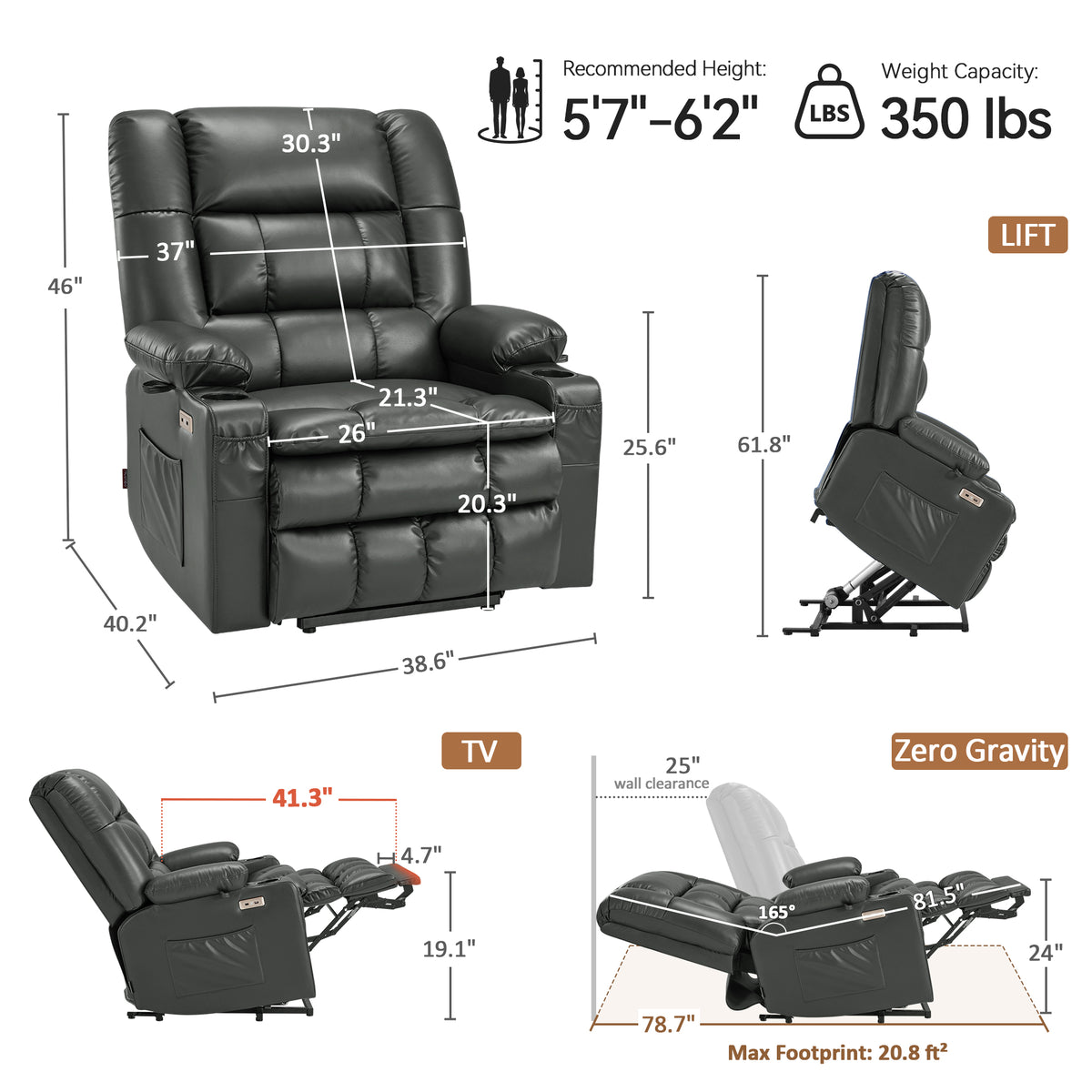 Dual Motor Power Lift Recliner Chair, Massage and Heat, Lay Flat for Sleeping, Faux Leather 7890|7893|7896|R7891|R7897|R7894