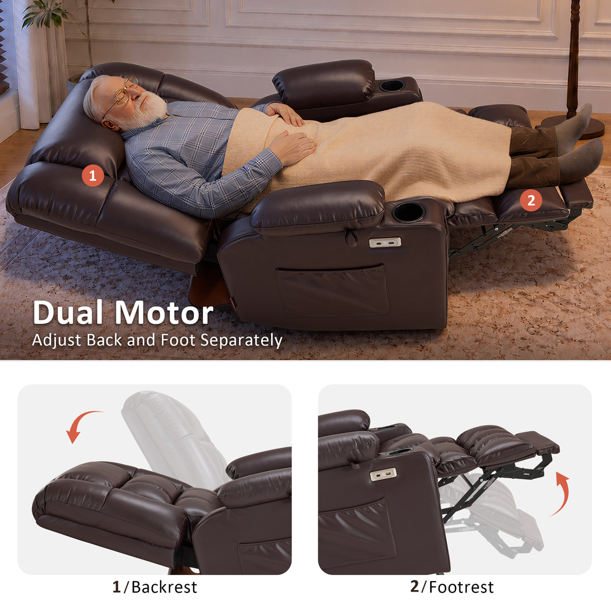 Dual Motor Power Lift Recliner Chair, Massage and Heat, Lay Flat for Sleeping, Faux Leather 7890|7893|7896|R7891|R7897|R7894