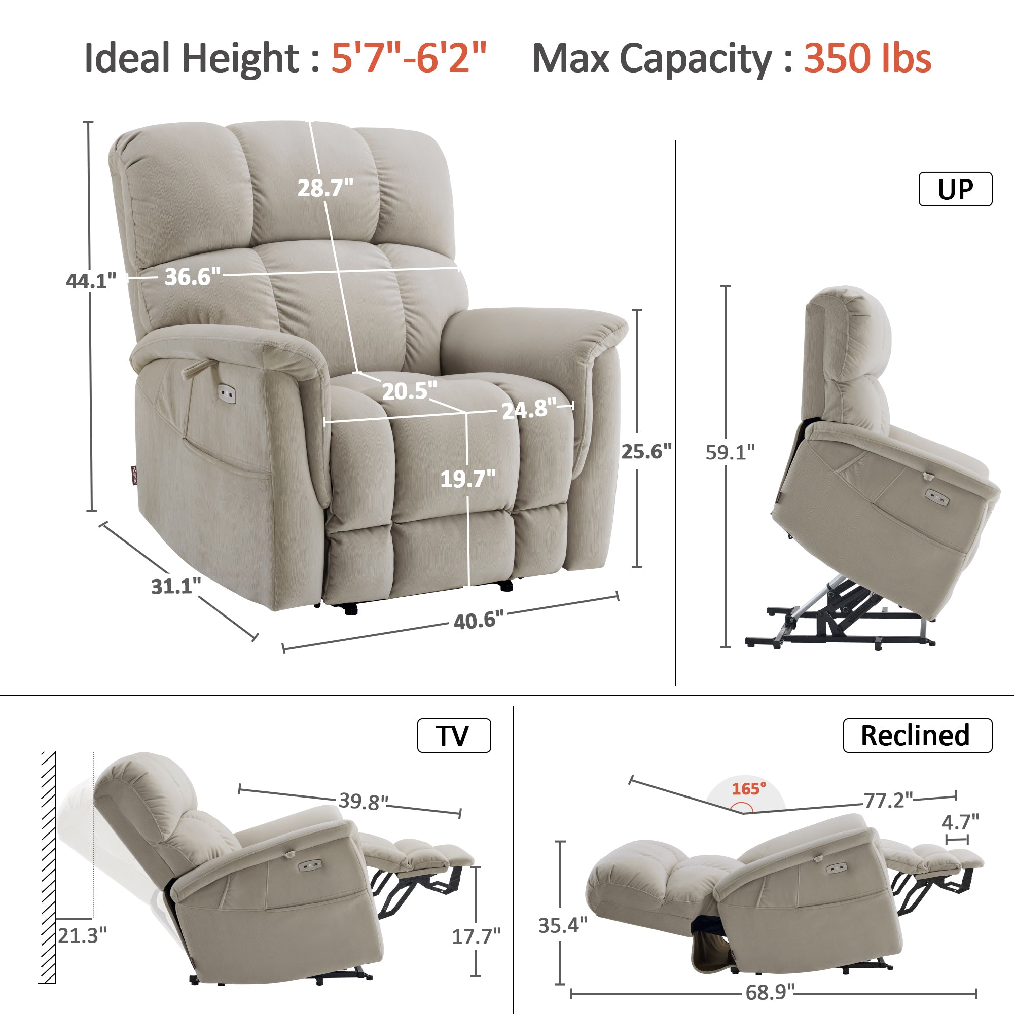 Dual Motor Power Lift Recliner Chair for Elderly, Massage and Lumbar&seat Heating, Fabric R7166