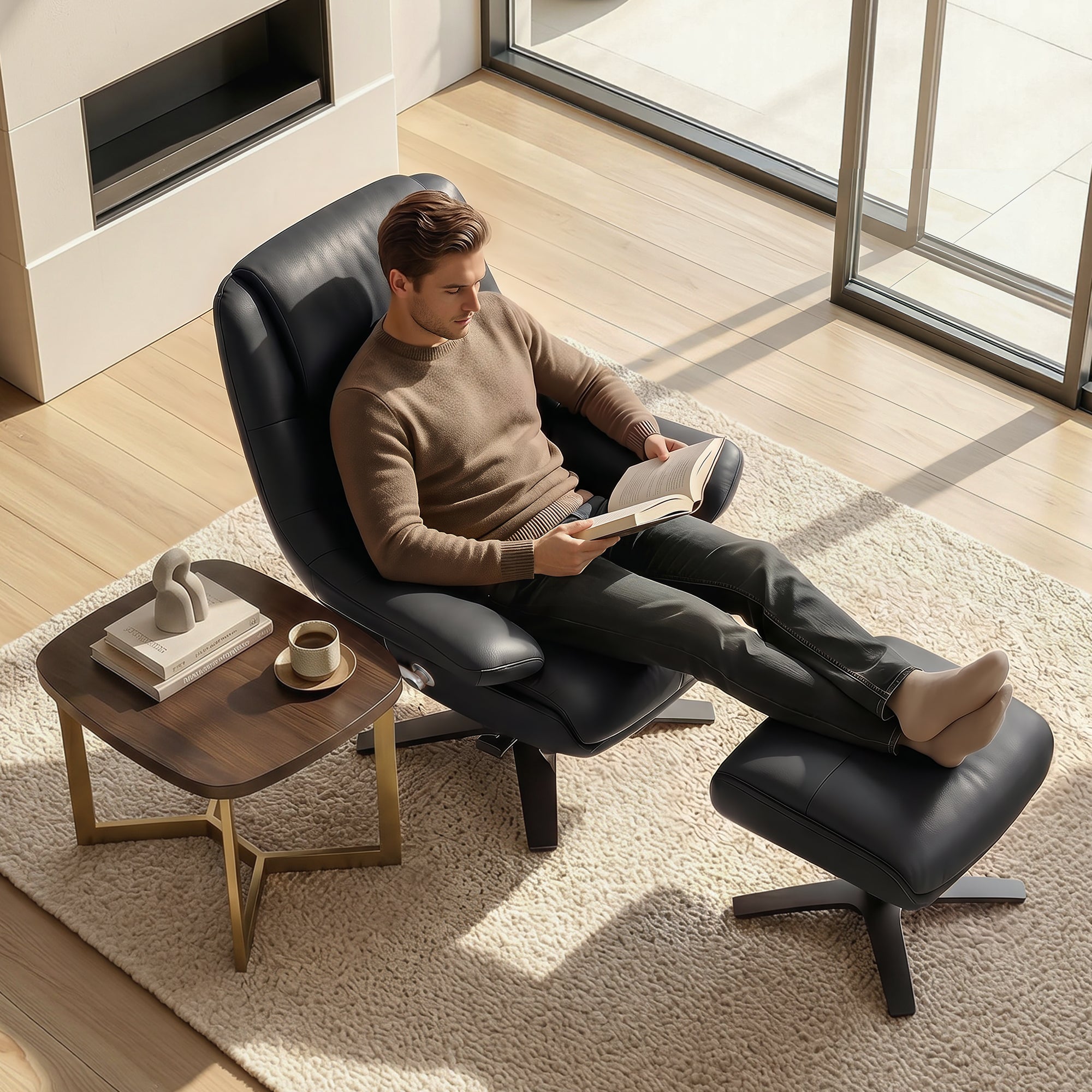 Genuine Leather Recliner Chair with Ottoman, 360°Swivel Recliner with Adjustable Backrest, Accent Chair for Living Room A7100