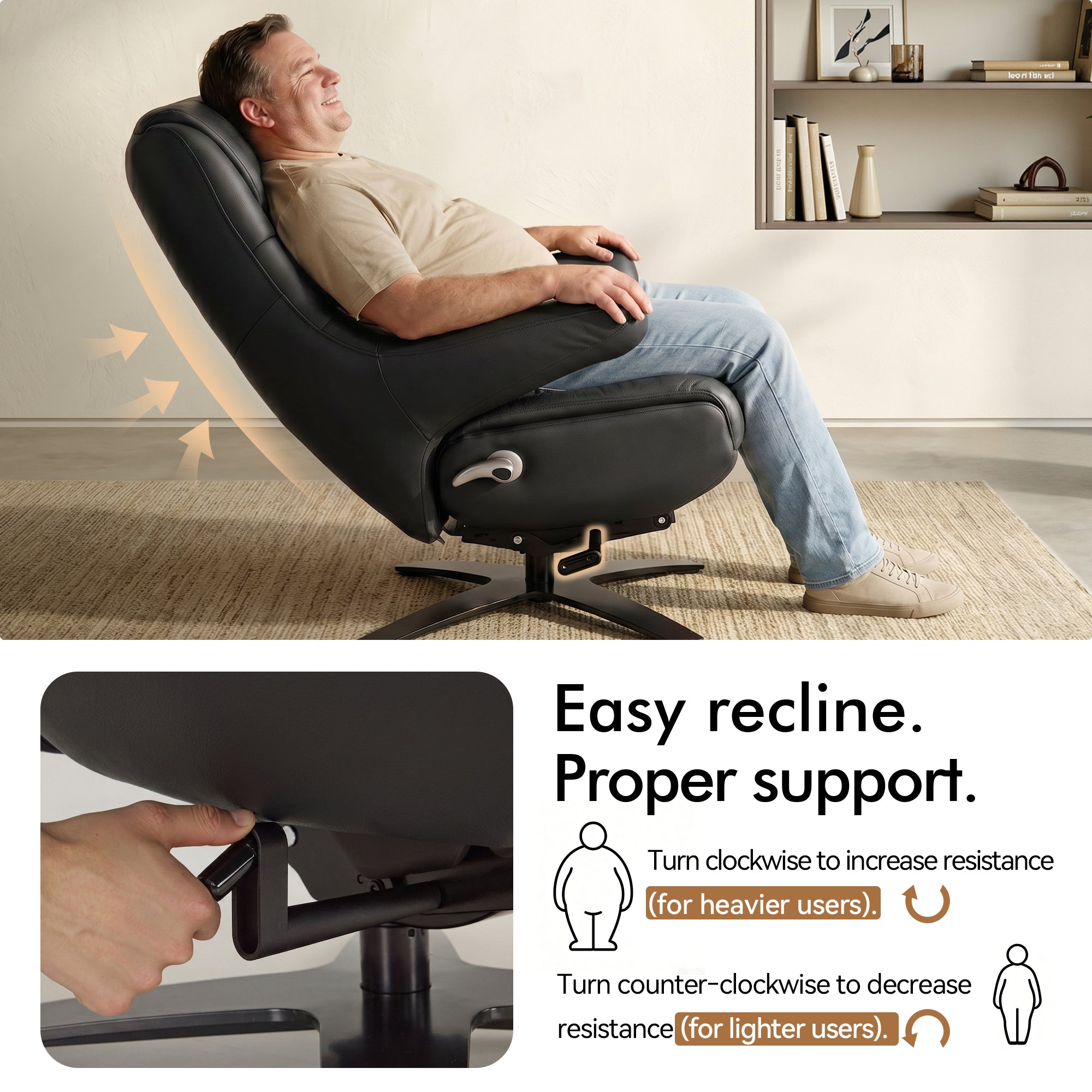 Genuine Leather Recliner Chair with Ottoman, 360°Swivel Recliner with Adjustable Backrest, Accent Chair for Living Room A7100