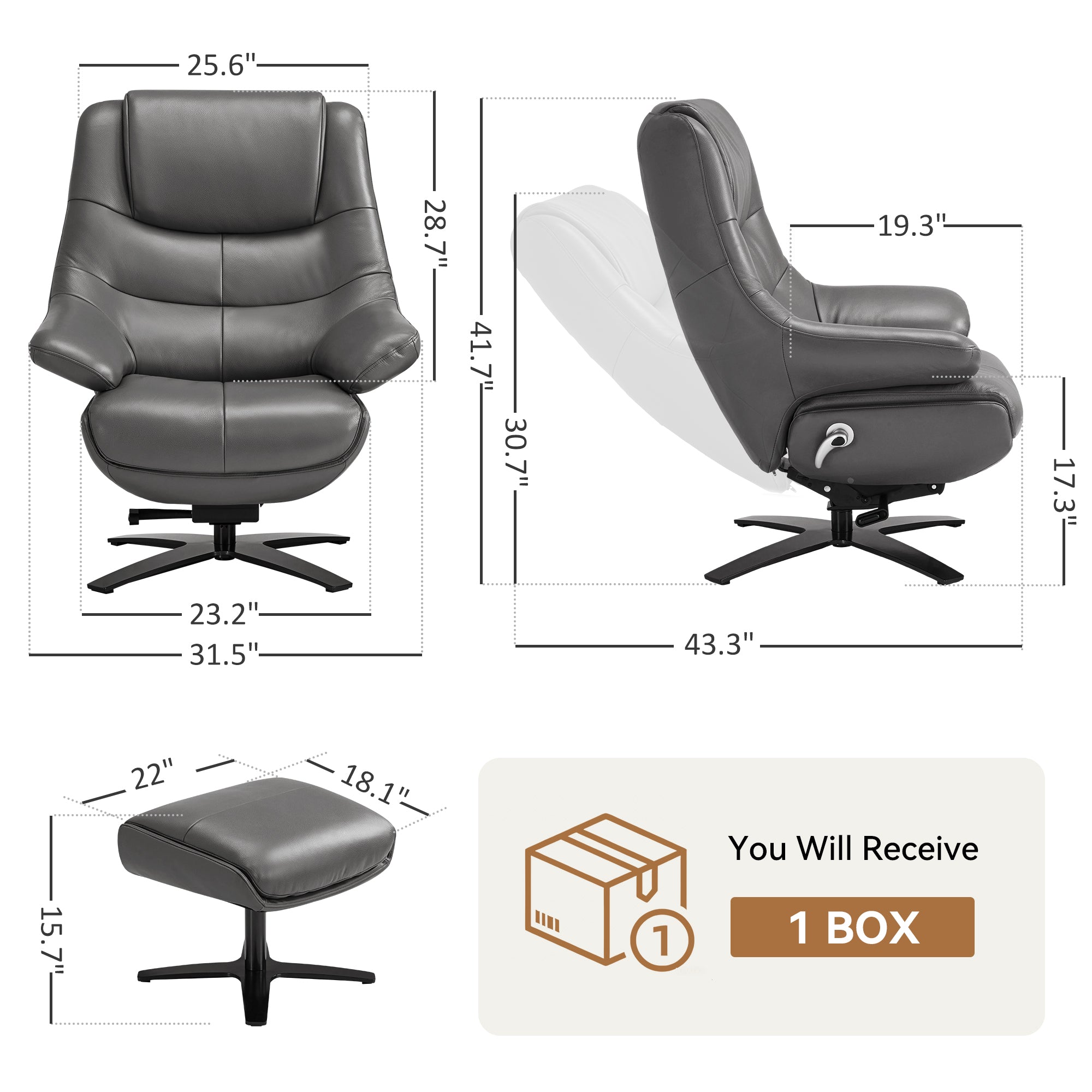Genuine Leather Swivel Recliner Chair with Ottoman A7100