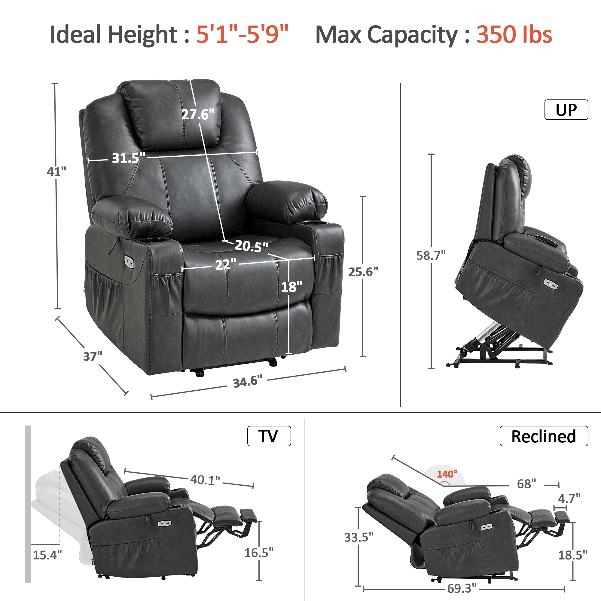 Power Lift Recliner Chair for Elderly, Massage and Heat, Faux Leather 7040|7516|7141|R7045|R7510