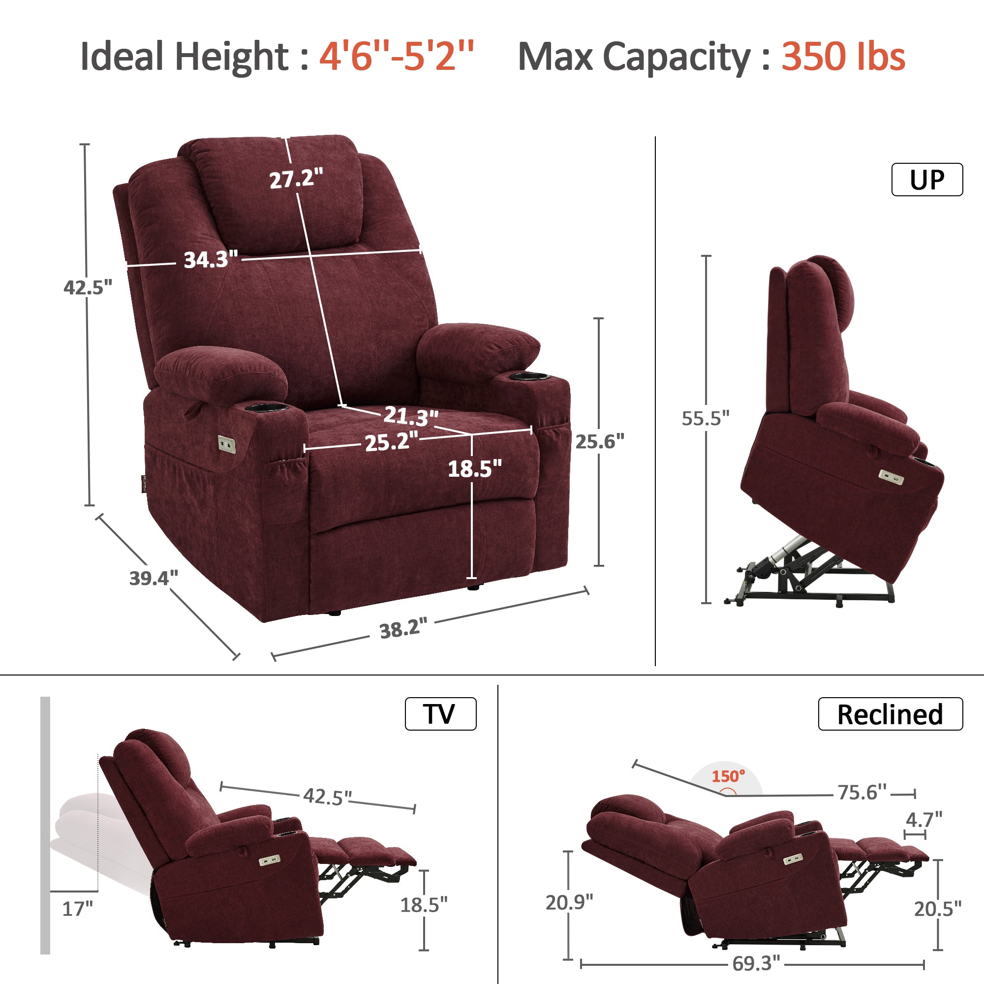 Power Lift Recliner Chair for Elderly, Massage and Heat, Fabric 7040|7516|7141|R7042|R7045|R7510