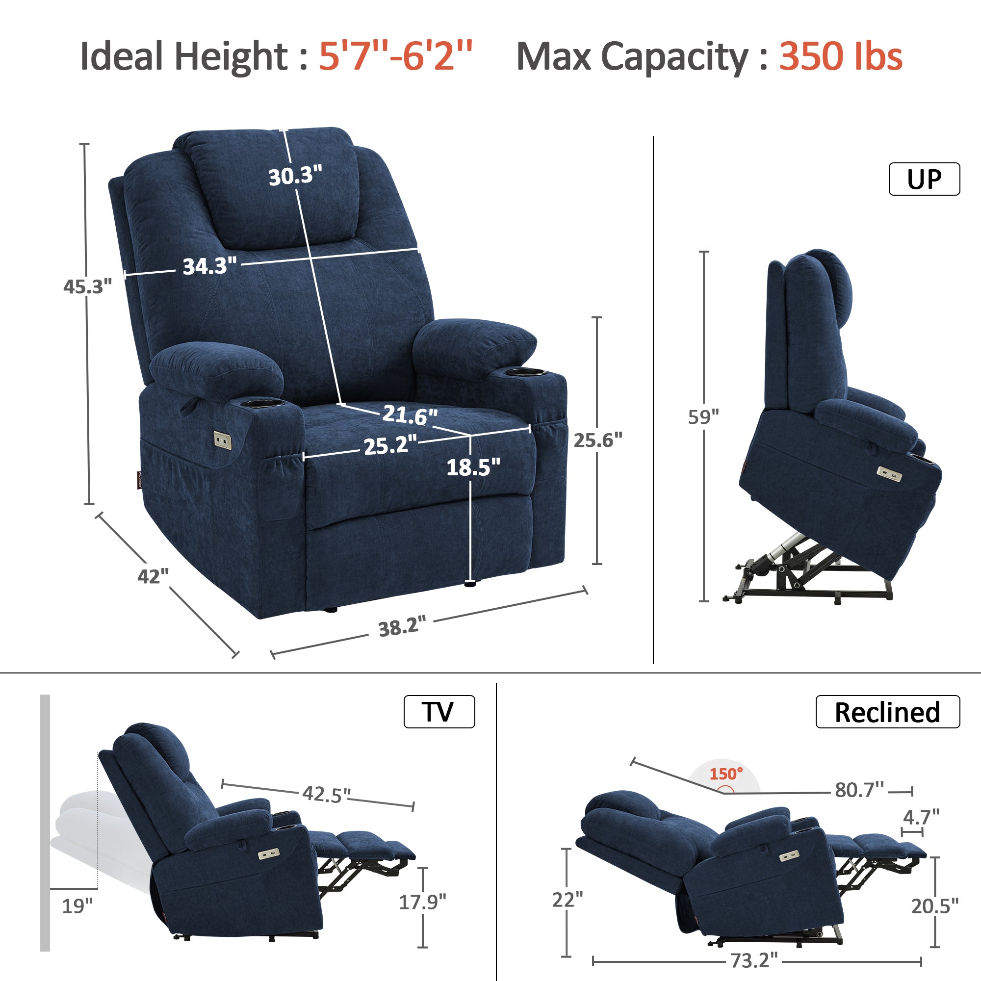 Power Lift Recliner Chair for Elderly, Massage and Heat, Fabric 7040|7516|7141|R7042|R7045|R7510