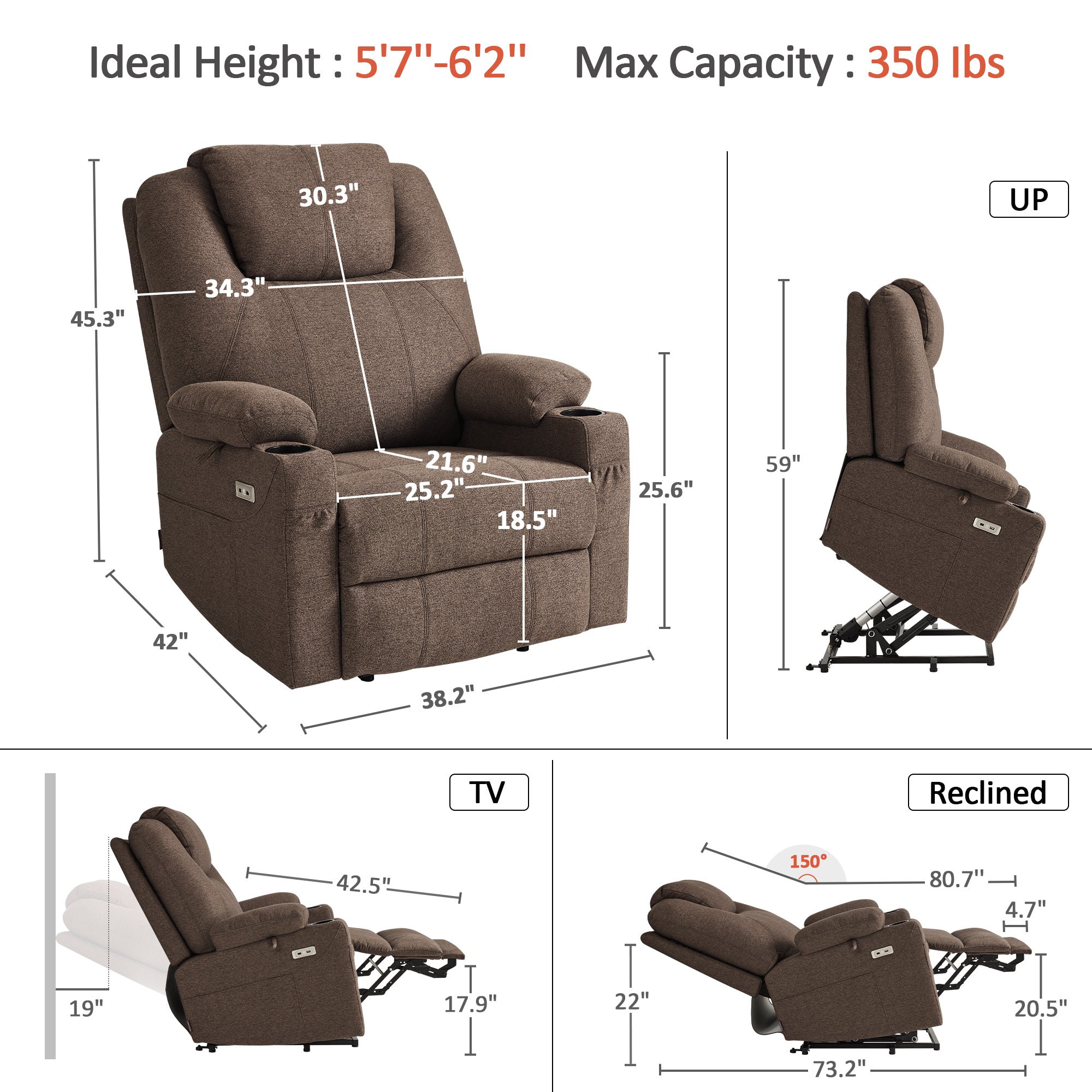 Power Lift Recliner Chair for Elderly, Massage and Heat, Fabric 7040|7516|7141|R7042|R7045|R7510