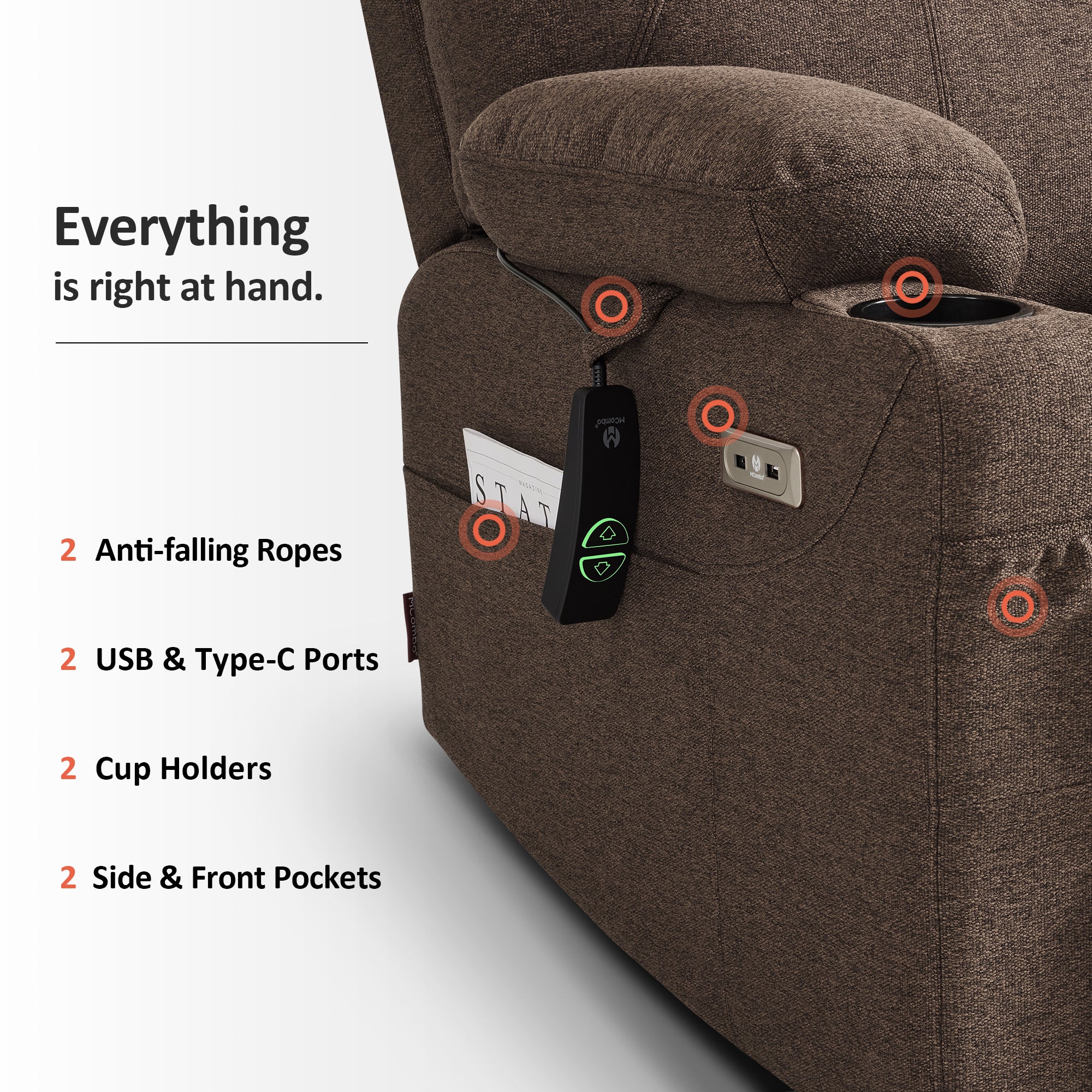 Power Lift Recliner Chair for Elderly, Massage and Heat, Fabric 7040|7516|7141|R7042|R7045|R7510