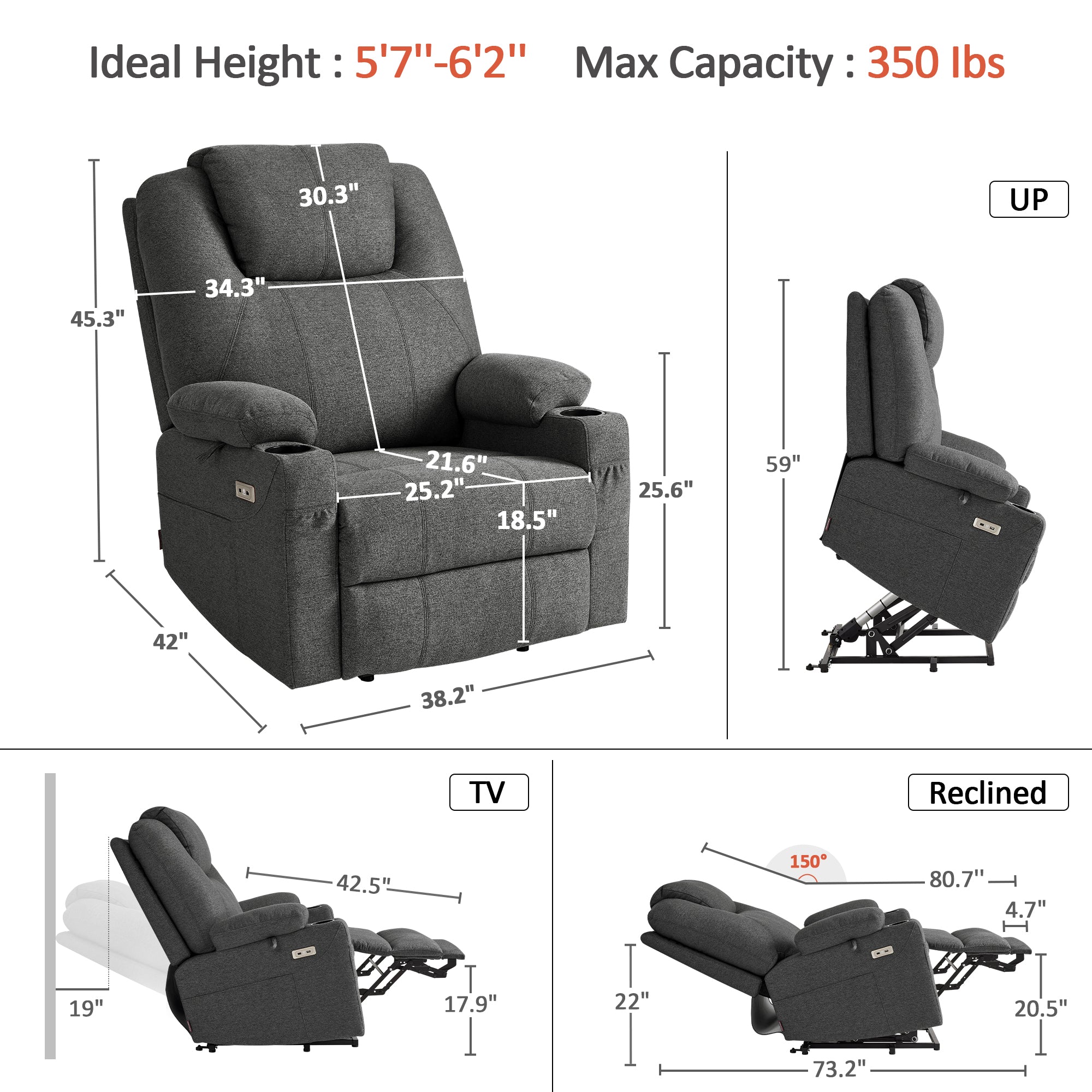 Power Lift Recliner Chair for Elderly, Massage and Heat, Fabric 7040|7516|7141|R7042|R7045|R7510