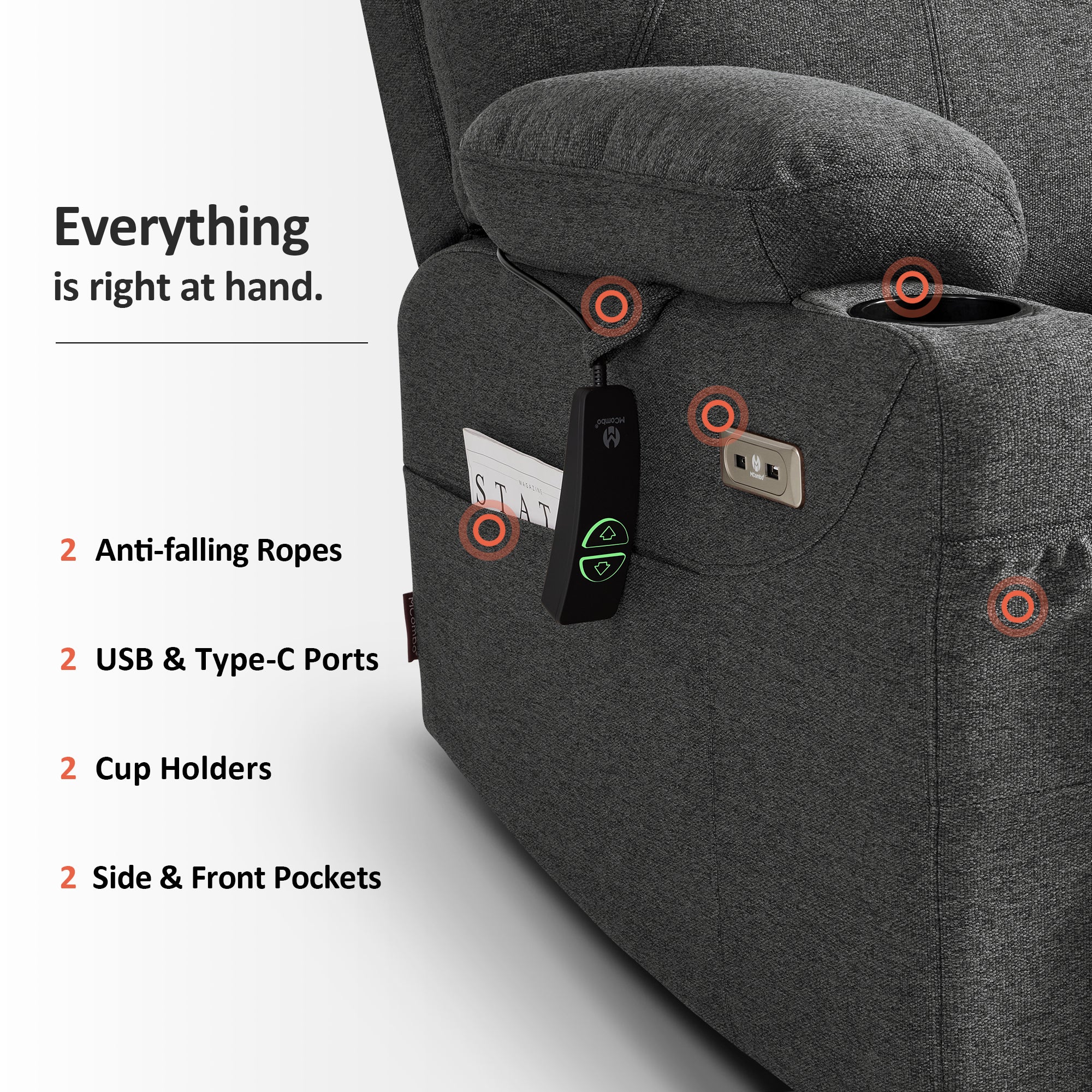 Power Lift Recliner Chair for Elderly, Massage and Heat, Fabric 7040|7516|7141|R7042|R7045|R7510