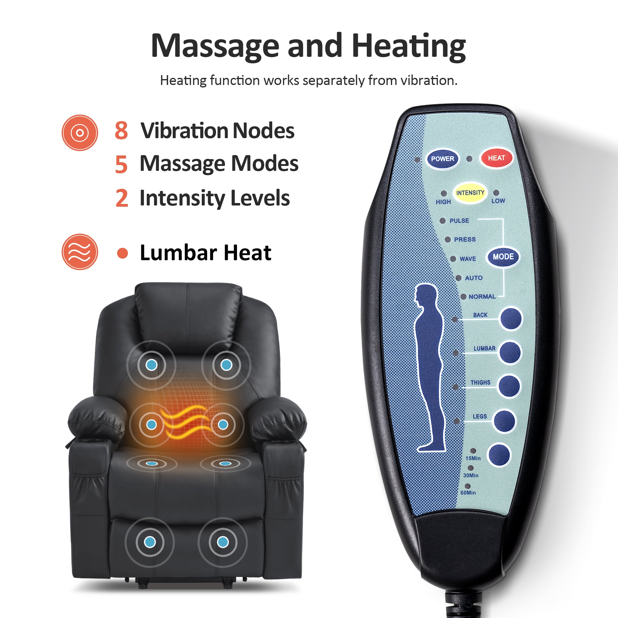 Power Lift Recliner Chair for Elderly, Massage and Heat, Faux Leather 7040|7516|7141|R7045|R7510