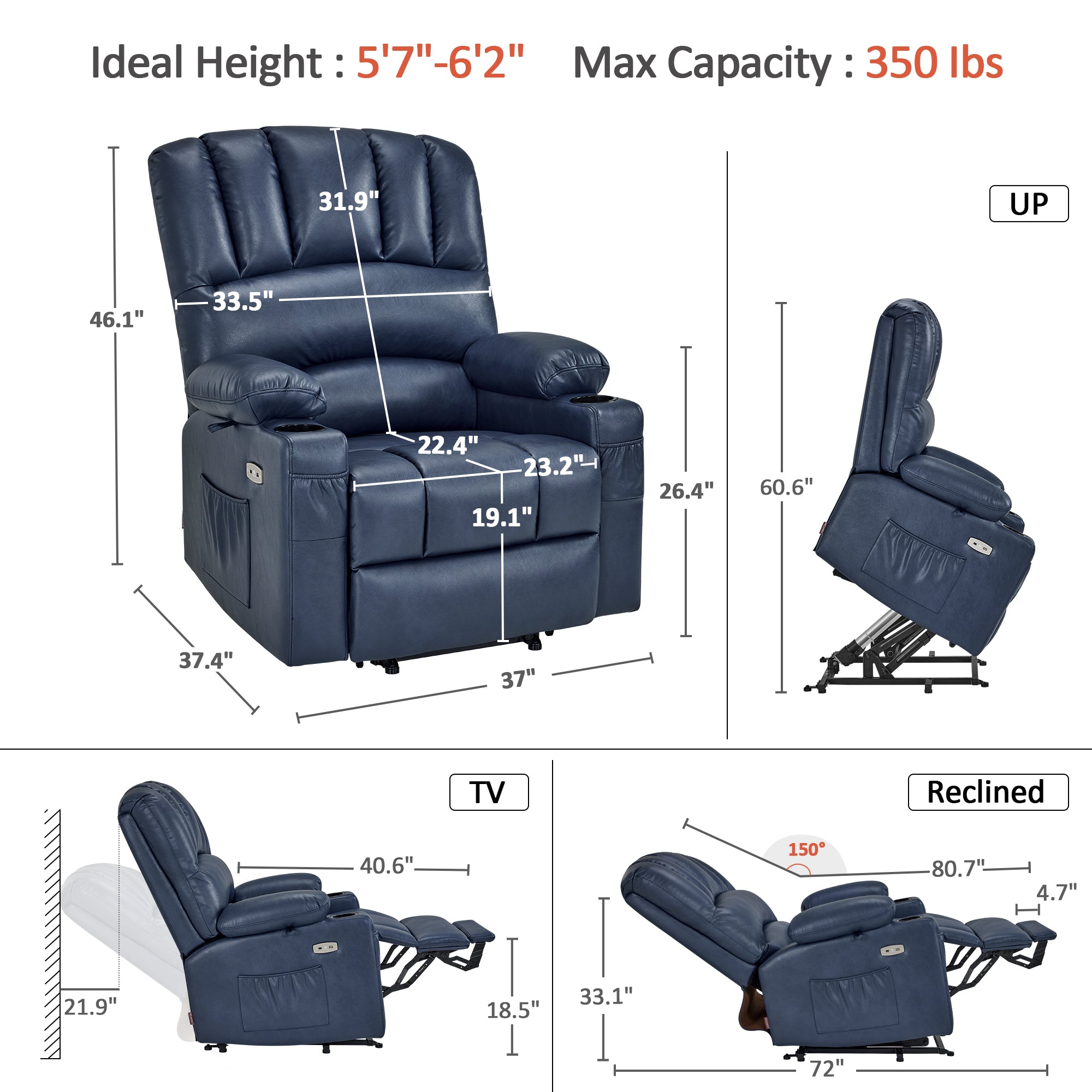 Power Lift Recliner Chair, Massage and Heat, Faux Leather 7095|7099|R7092|R7096