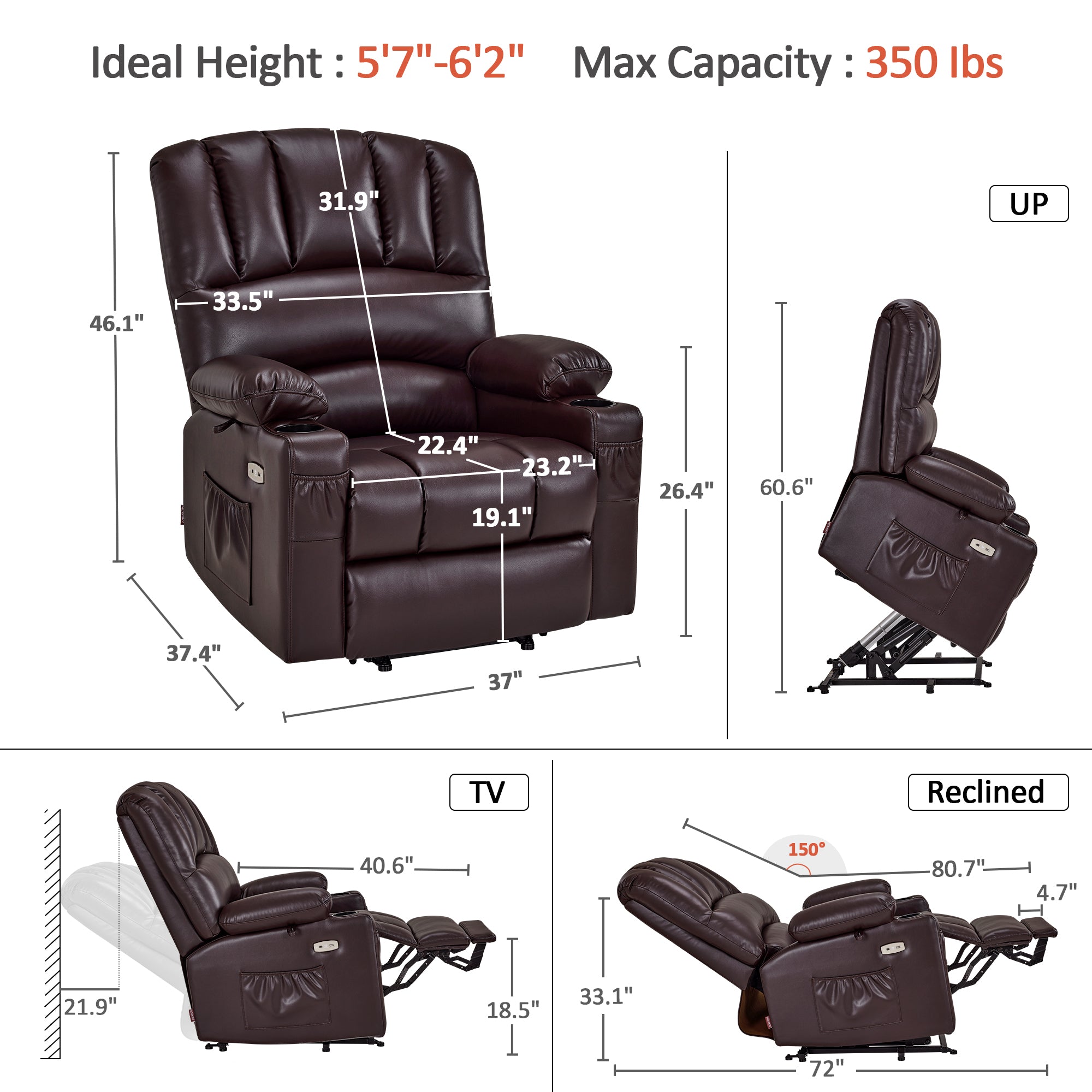 Power Lift Recliner Chair, Massage and Heat, Faux Leather 7095|7099|R7092|R7096