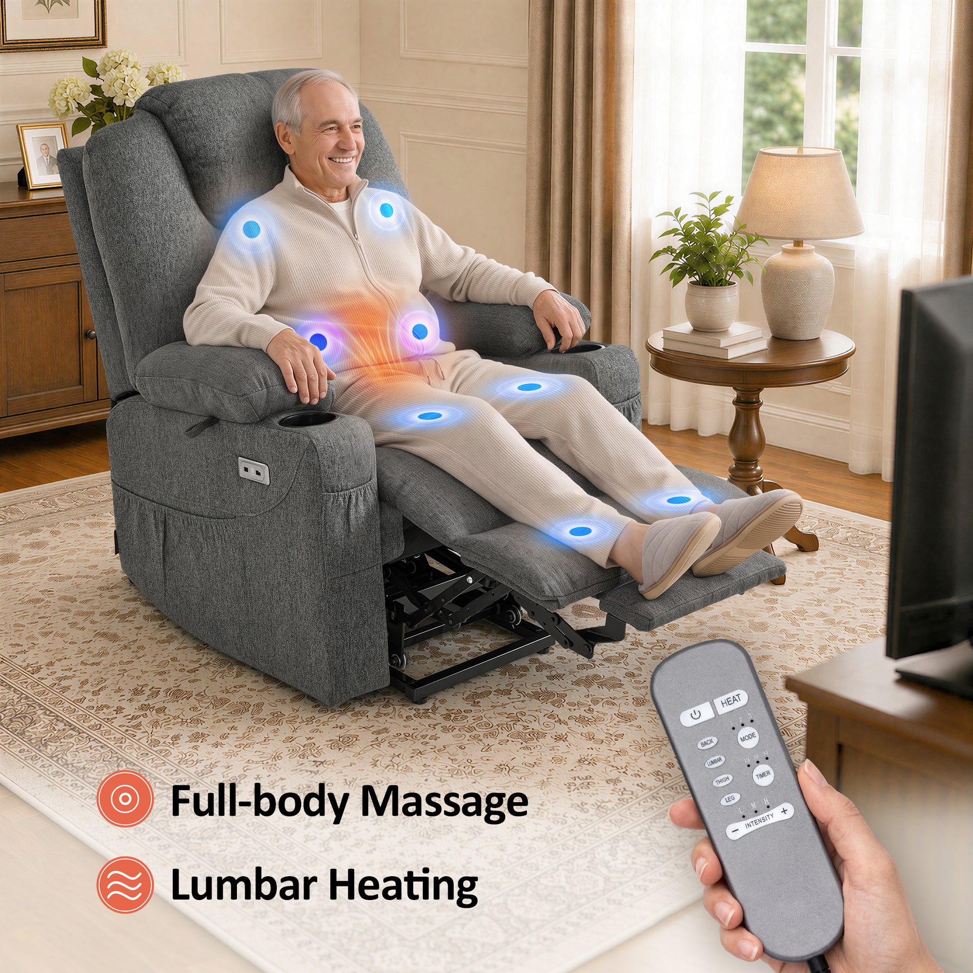 Power Lift Recliner Chair for Elderly, Massage and Heat, Fabric 7040|7516|7141|R7042|R7045|R7510