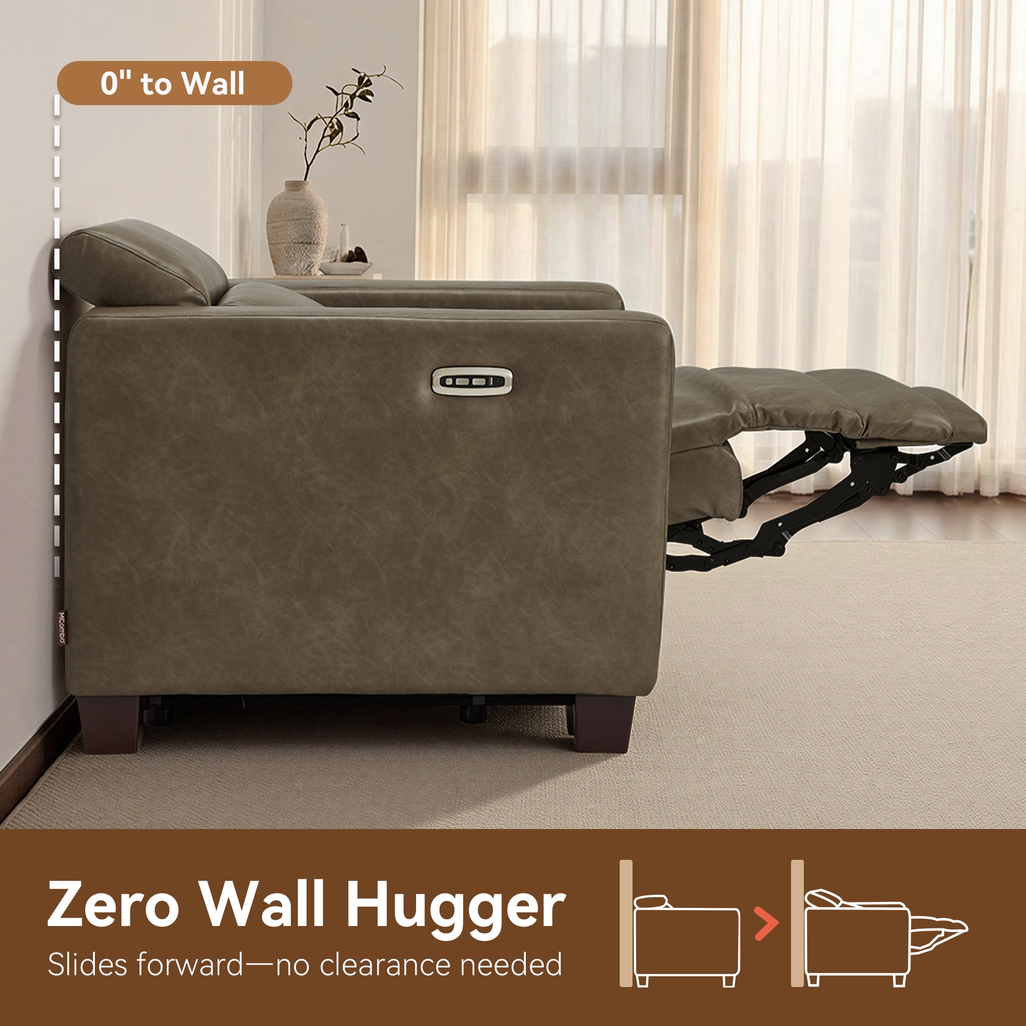 Zero Wall Hugger Power Recliner Chair for Adult HL128 | Power Headrest, USB A & C Charge Ports, Small Spaces, Solid Wood Legs, Breathable Faux Leather