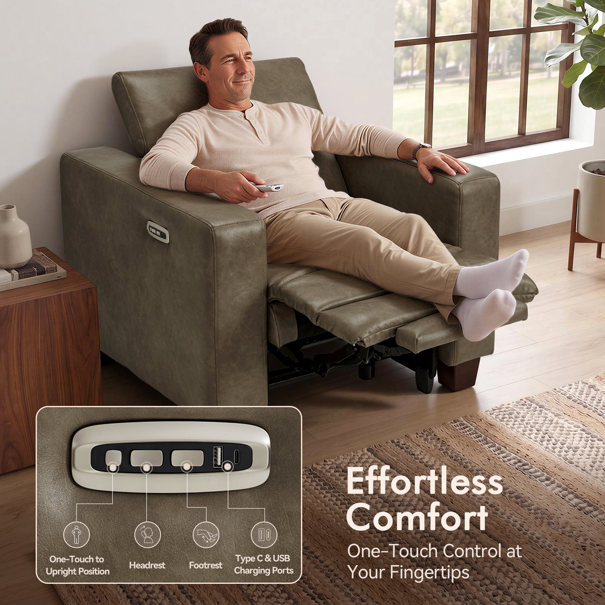 Zero Wall Hugger Power Recliner Chair for Adult HL128 | Power Headrest, USB A & C Charge Ports, Small Spaces, Solid Wood Legs, Breathable Faux Leather