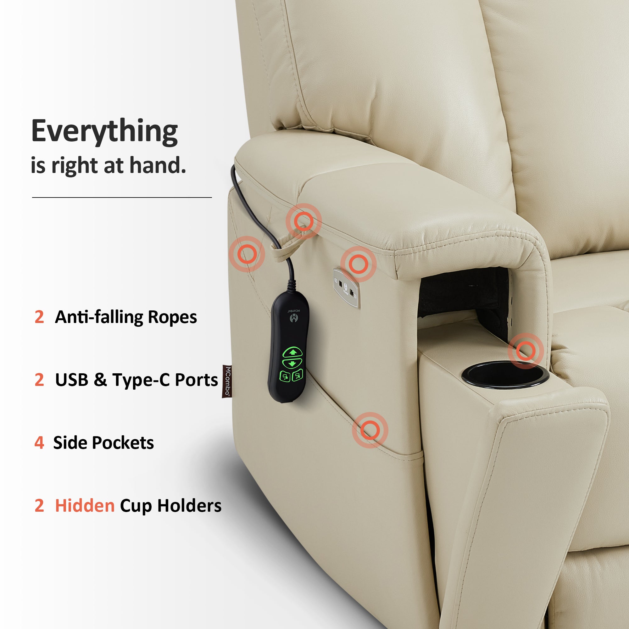 MCombo Heavy Duty Lift Chair for Elderly, Extra Wide Dual Motor Power Lift Recliner 450lbs with Hidden Cup Holders, USB Charging, Breathable Faux Leather R7777