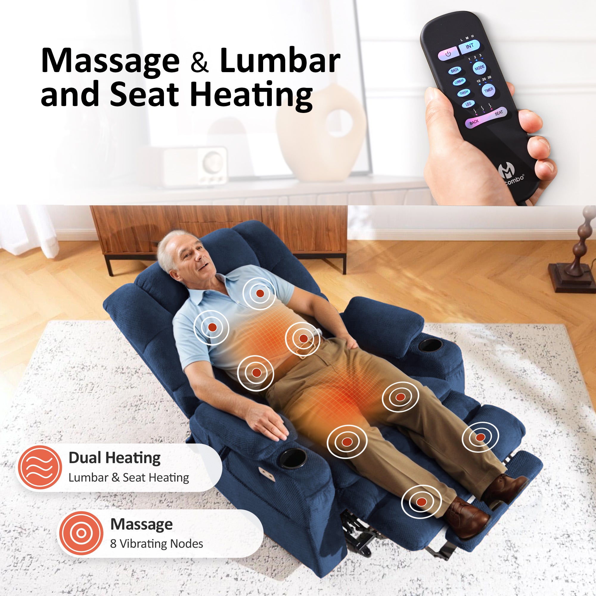 Power Lift Recliner Chair for Elderly, Dual Motor, Massage and Heat, Fabric 7634|7631|R7635