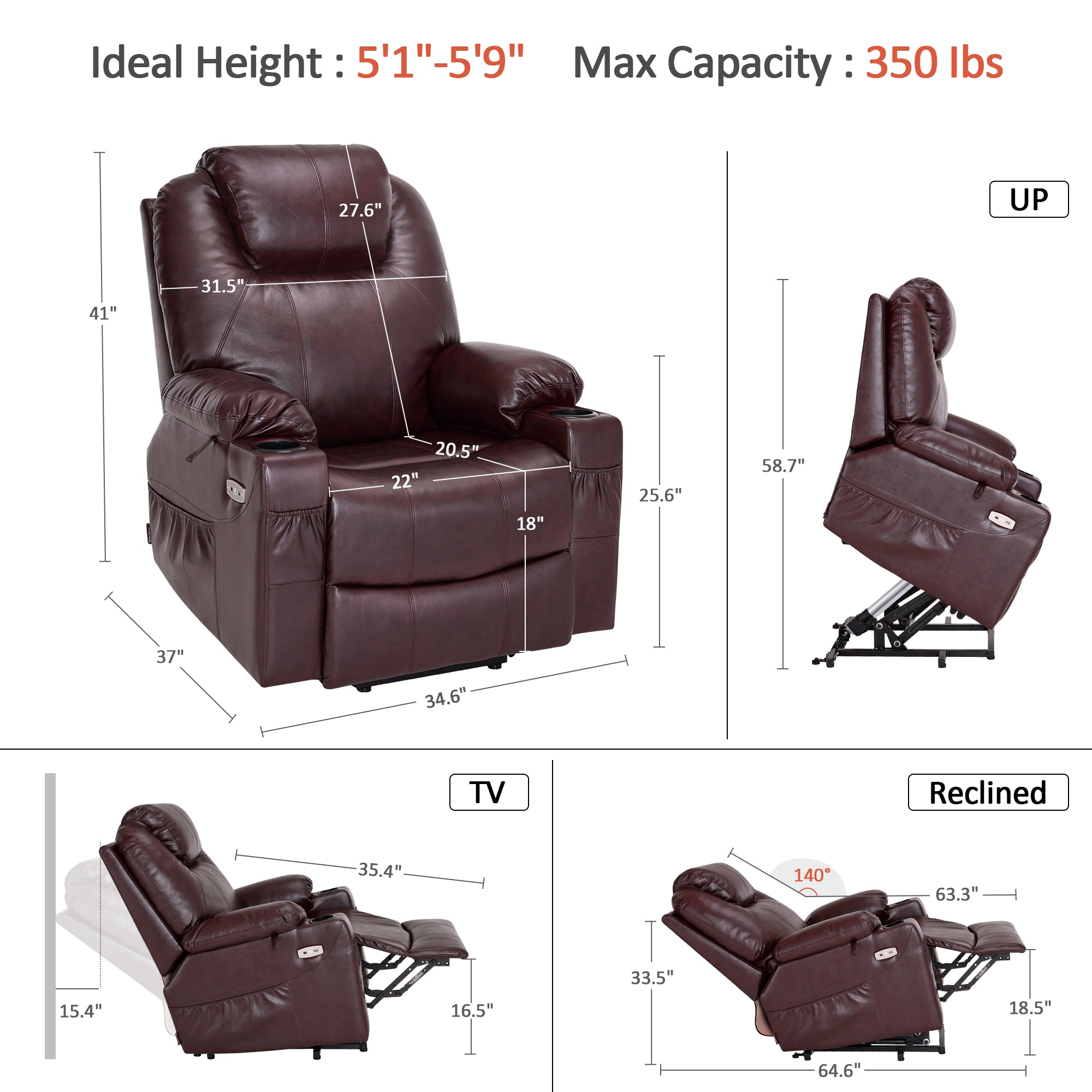 Power Lift Recliner Chair for Elderly, Massage and Heat, Faux Leather 7040|7516|7141|R7045|R7510