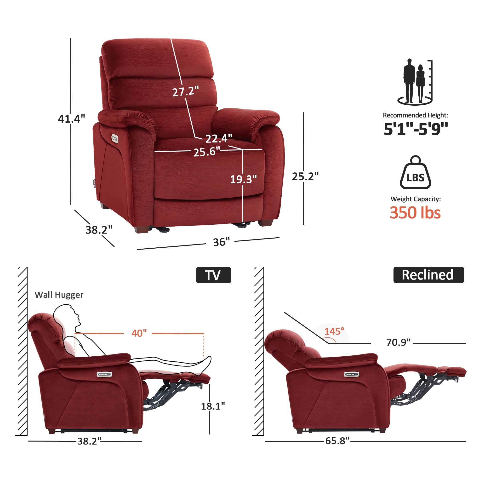 Zero Wall-Hugger Power Recliner Chair, Small Spaces and RV, Fabric ST257