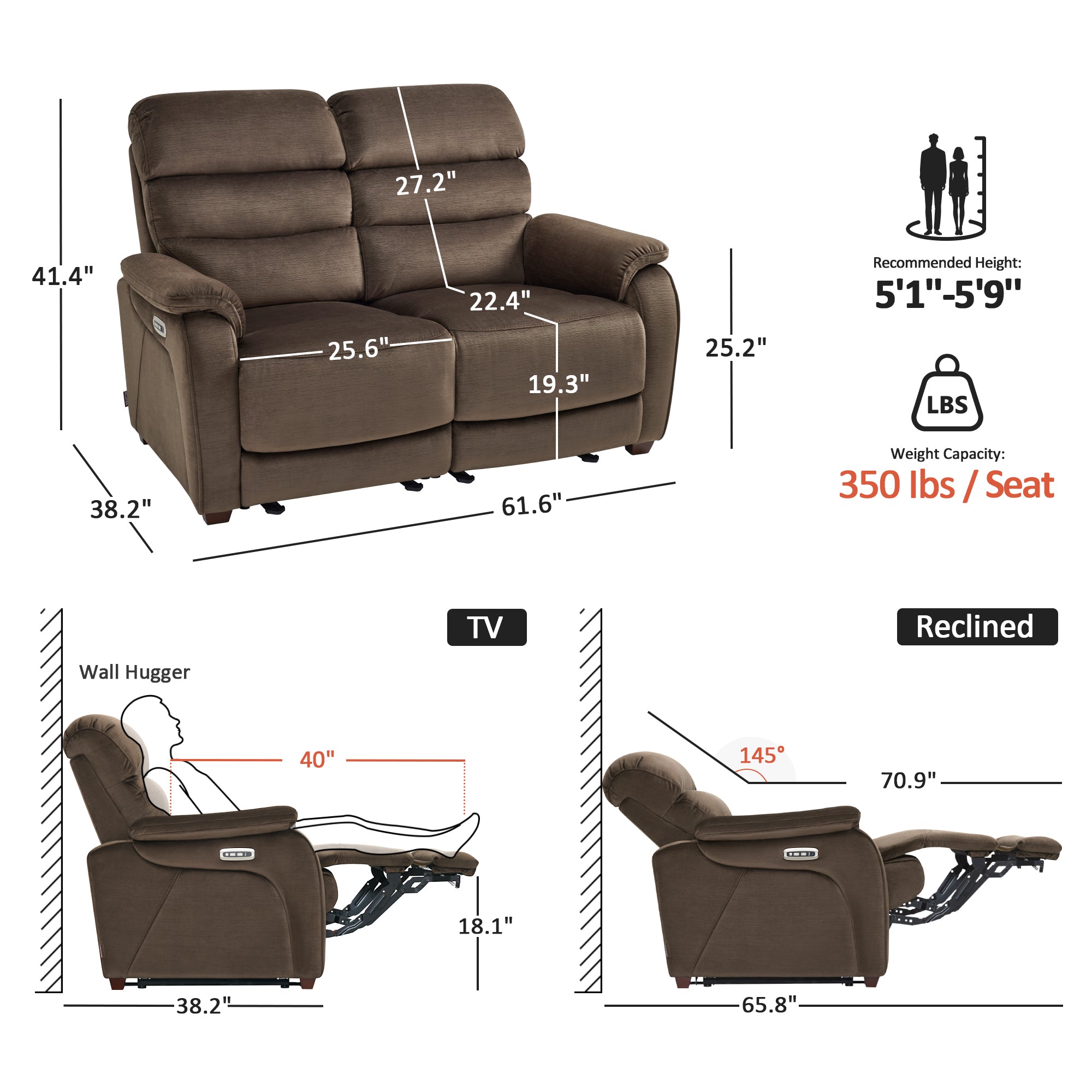 61.6'' Wall Hugger Power Loveseat Recliner Sofa with Adjustable Headrest and USB A & C Charge Ports for Living Room, RVs, Small Spaces, Fabric, ST258M1 | ST258M2 |ST258M3