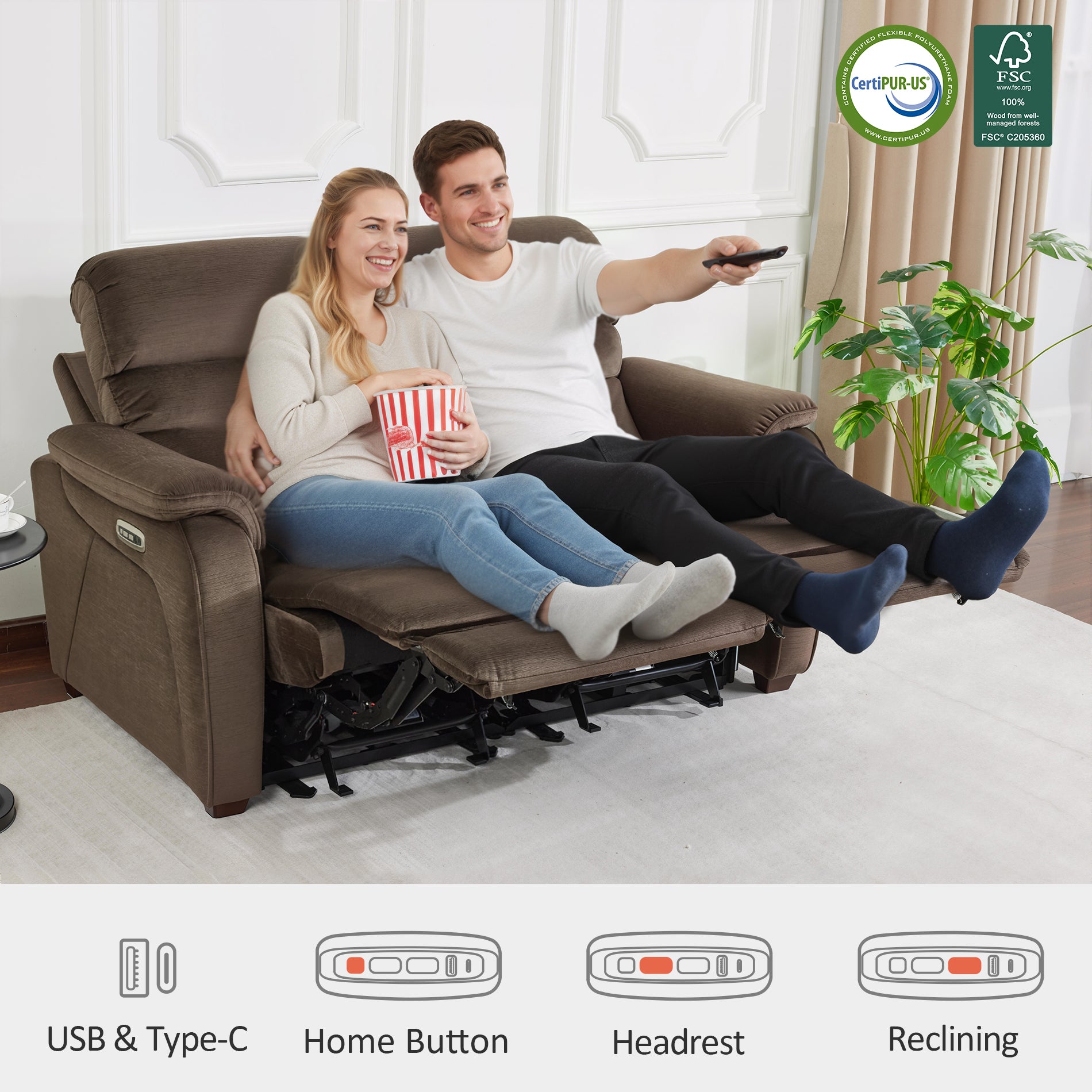 61.6'' Wall Hugger Power Loveseat Recliner Sofa with Adjustable Headrest and USB A & C Charge Ports for Living Room, RVs, Small Spaces, Fabric, ST258M1 | ST258M2 |ST258M3