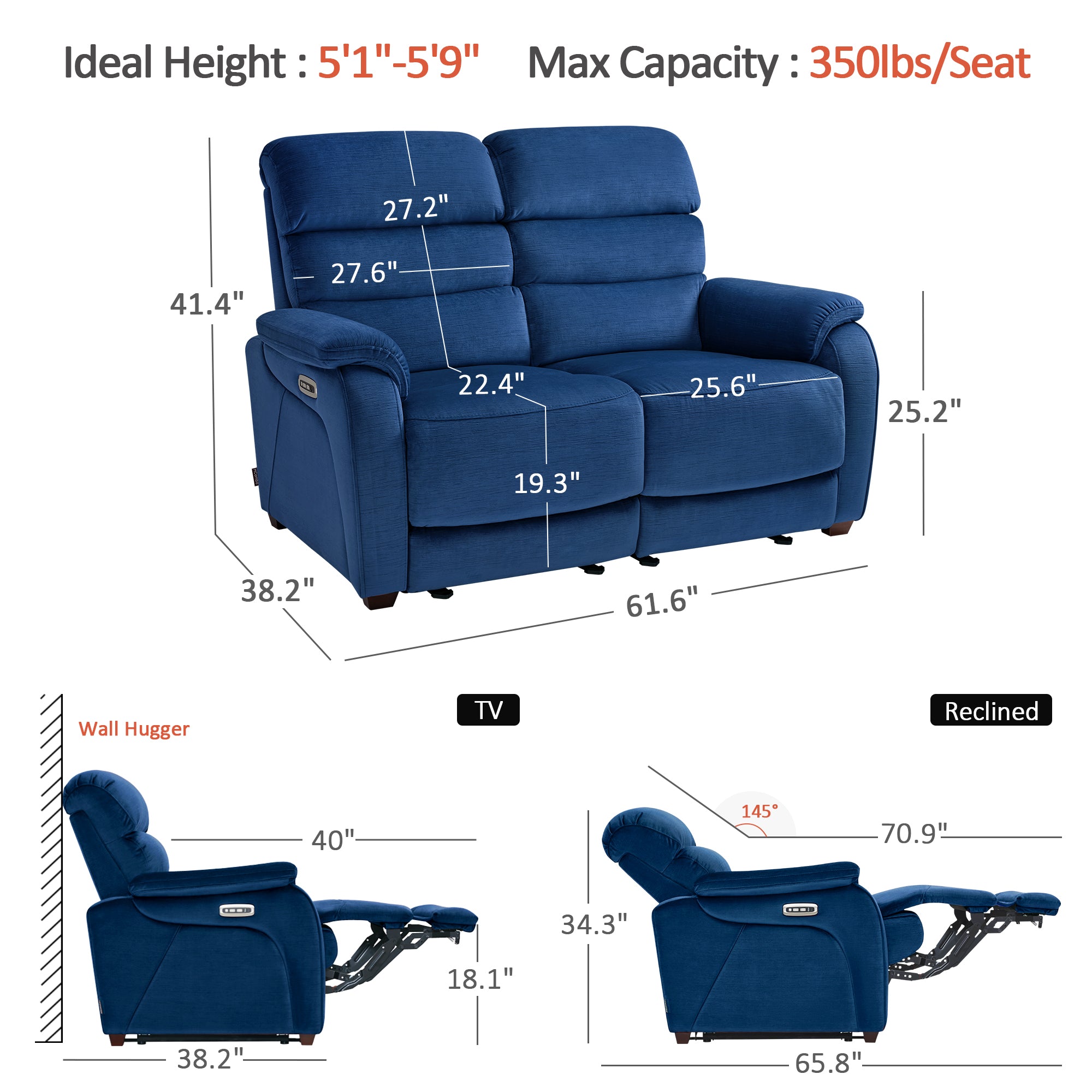 61.6'' Wall Hugger Power Loveseat Recliner Sofa with Adjustable Headrest and USB A & C Charge Ports for Living Room, RVs, Small Spaces, Fabric, ST258M1 | ST258M2 |ST258M3