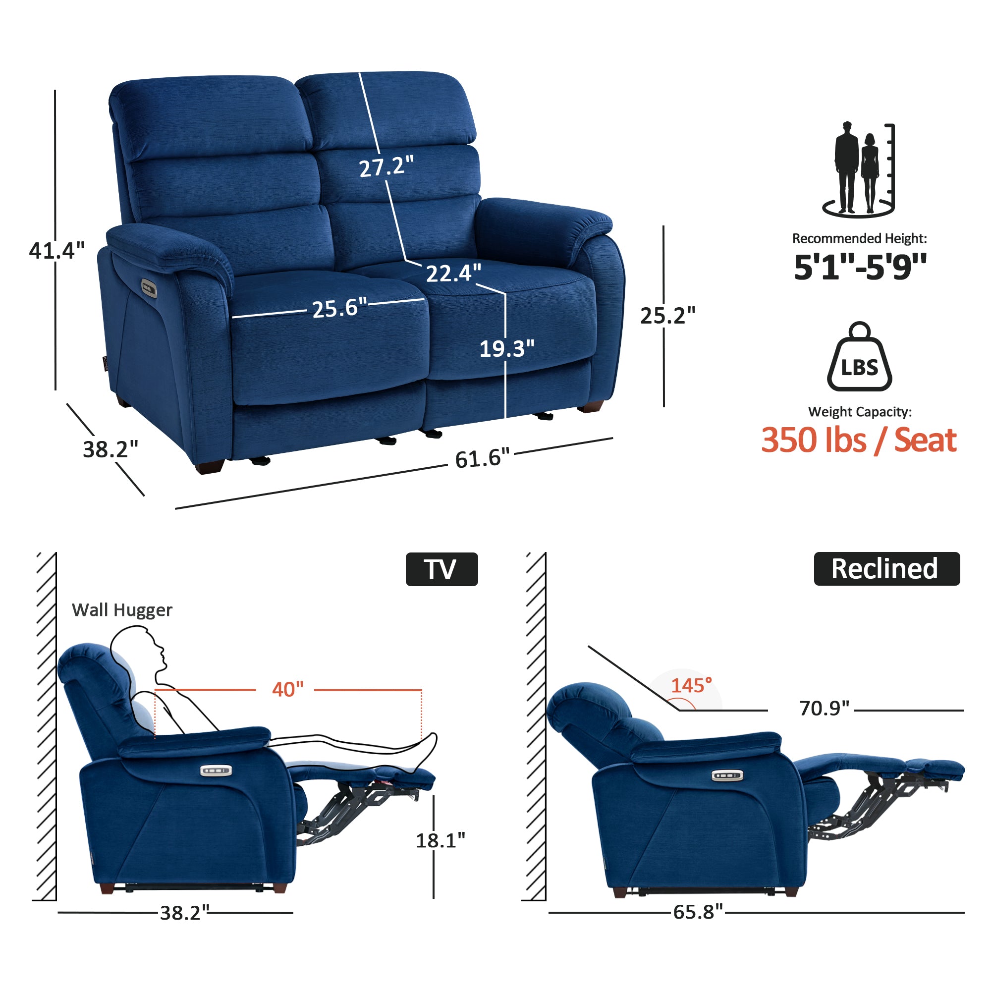 61.6'' Wall Hugger Power Loveseat Recliner Sofa with Adjustable Headrest and USB A & C Charge Ports for Living Room, RVs, Small Spaces, Fabric, ST258M1 | ST258M2 |ST258M3