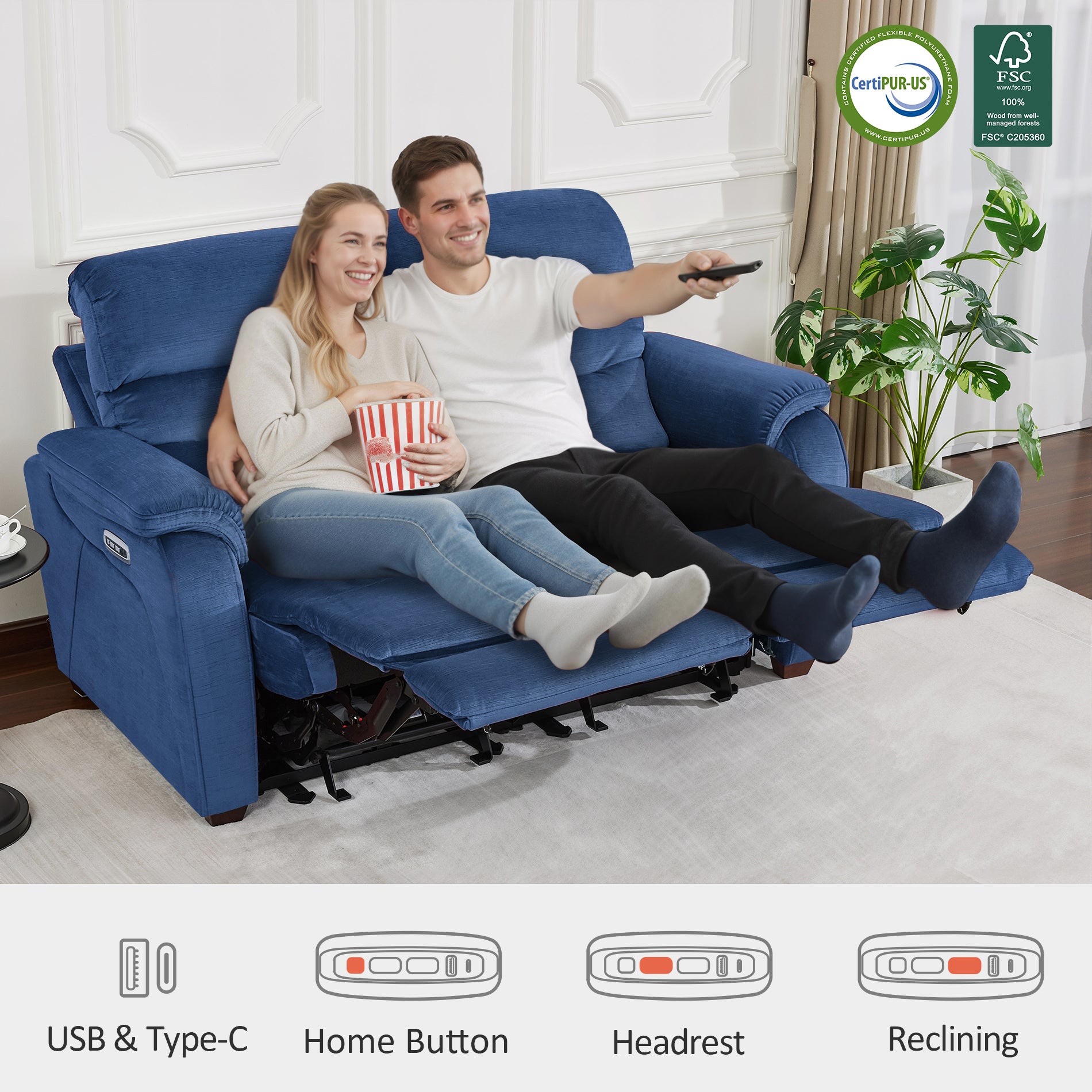 61.6'' Wall Hugger Power Loveseat Recliner Sofa with Adjustable Headrest and USB A & C Charge Ports for Living Room, RVs, Small Spaces, Fabric, ST258M1 | ST258M2 |ST258M3