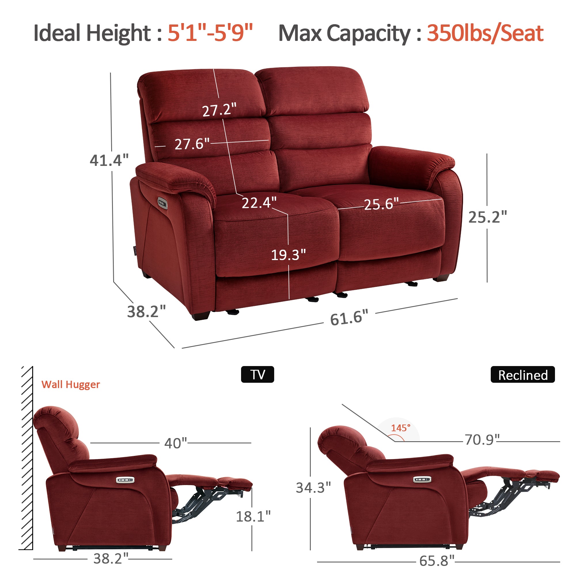 61.6'' Wall Hugger Power Loveseat Recliner Sofa with Adjustable Headrest and USB A & C Charge Ports for Living Room, RVs, Small Spaces, Fabric, ST258M1 | ST258M2 |ST258M3