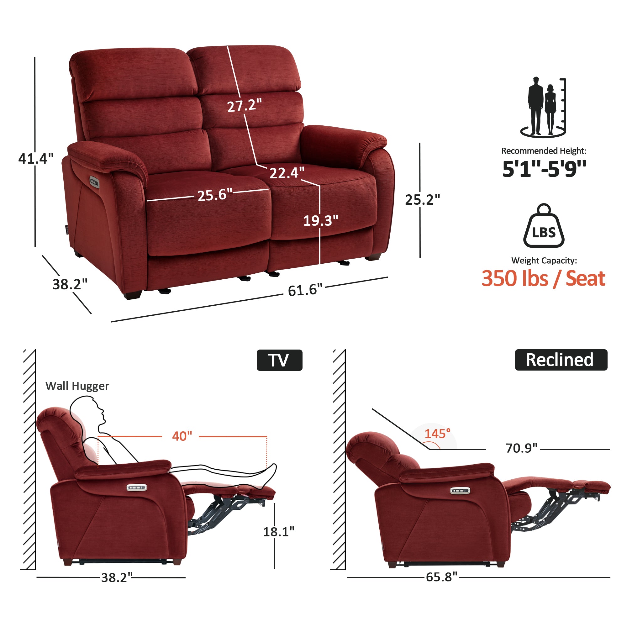 61.6'' Wall Hugger Power Loveseat Recliner Sofa with Adjustable Headrest and USB A & C Charge Ports for Living Room, RVs, Small Spaces, Fabric, ST258M1 | ST258M2 |ST258M3