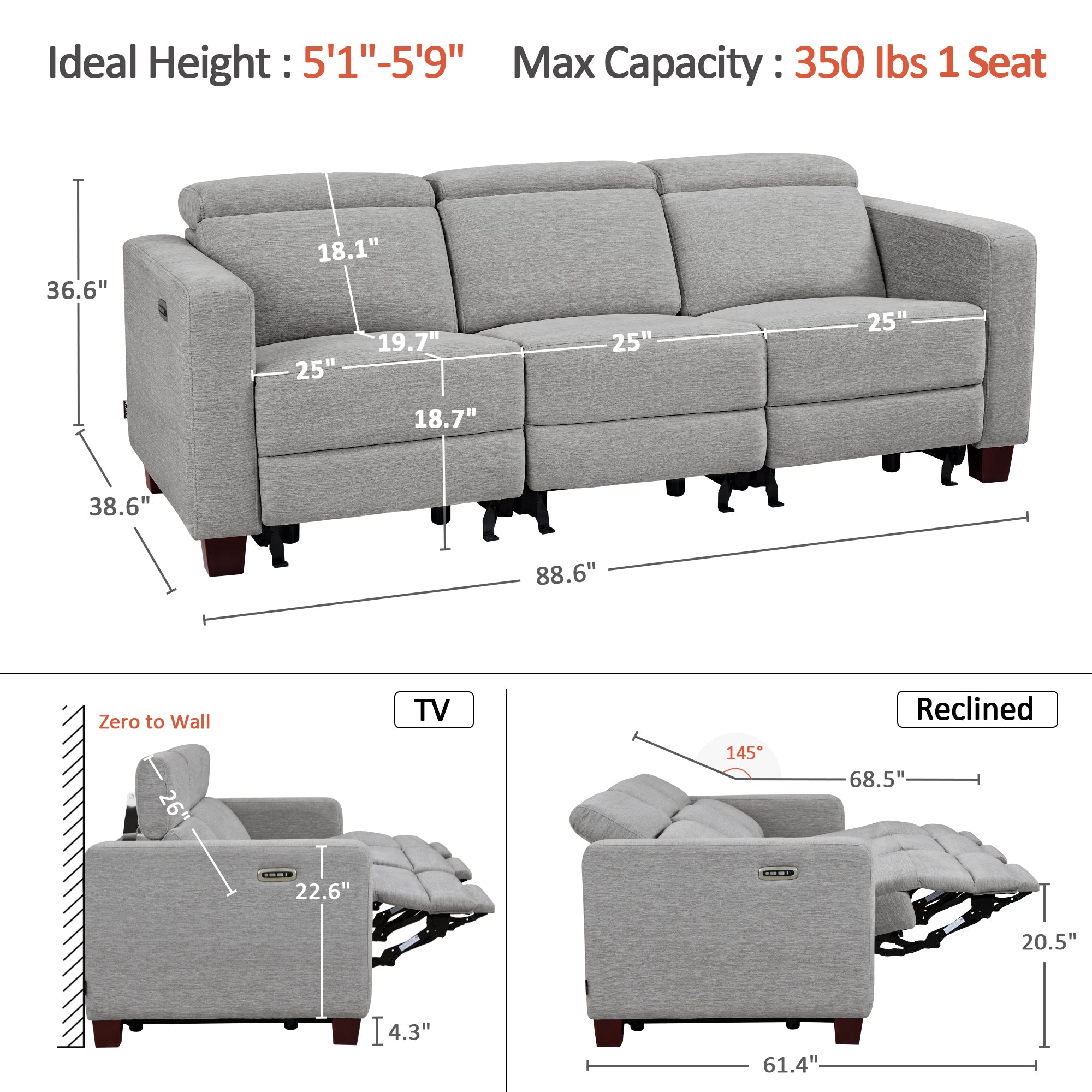 Zero Wall Power Reclining Sofa, Fabric HL198M3