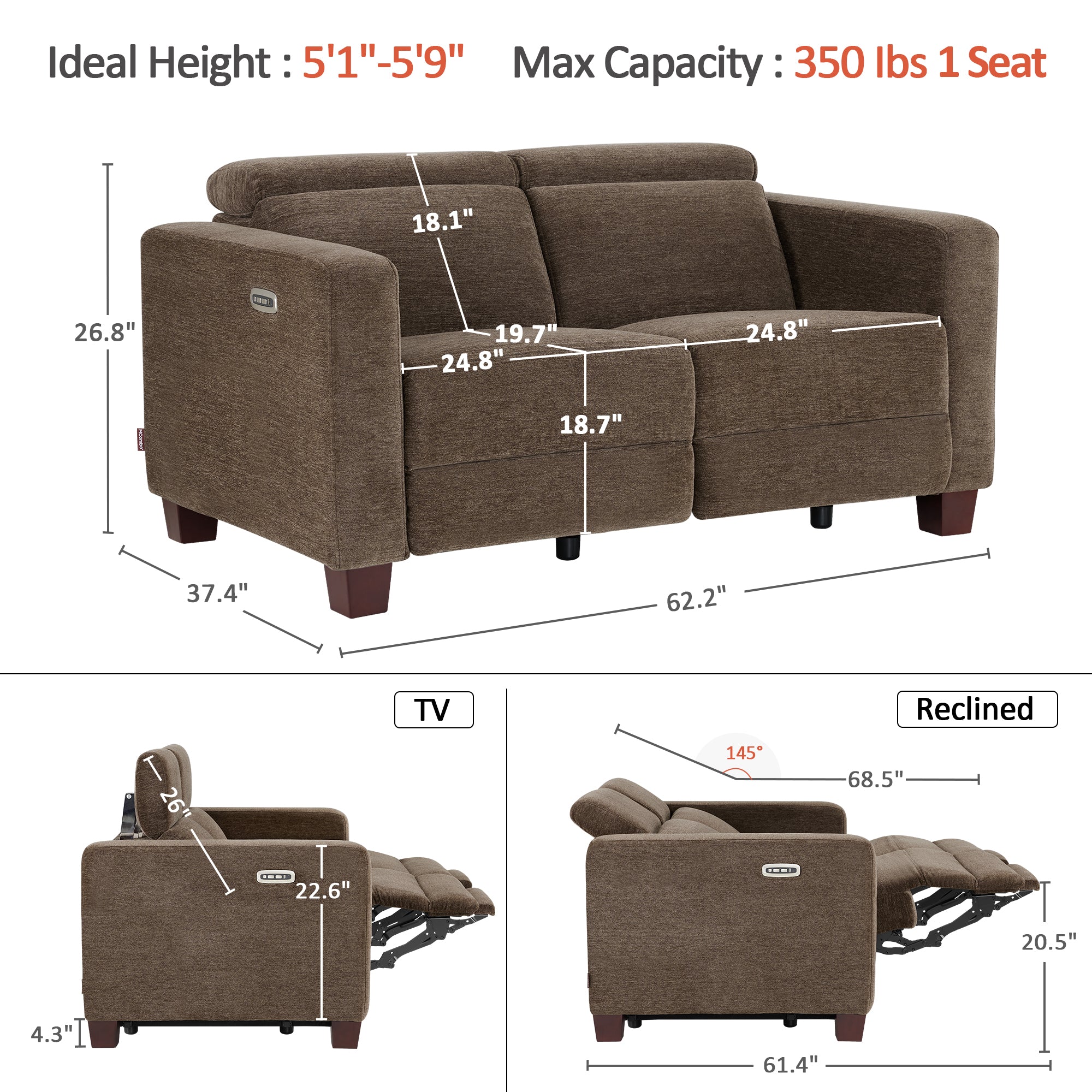 High Leg Reclining Loveseat with Adjustable Headrest, Fabric HL198