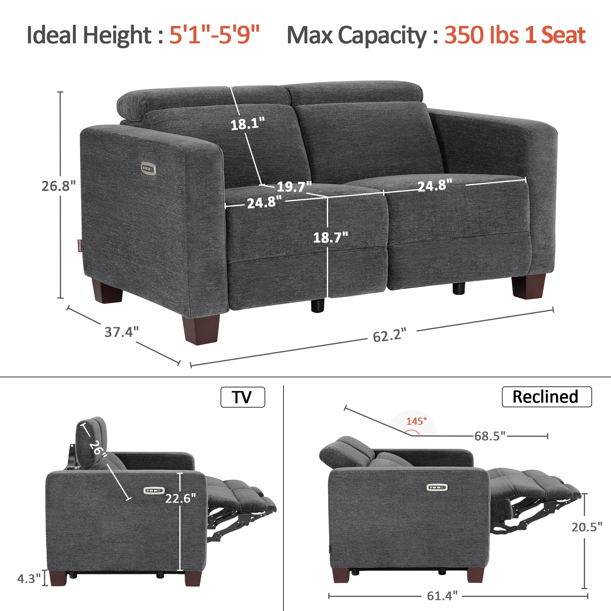 High Leg Reclining Loveseat with Adjustable Headrest, Fabric HL198